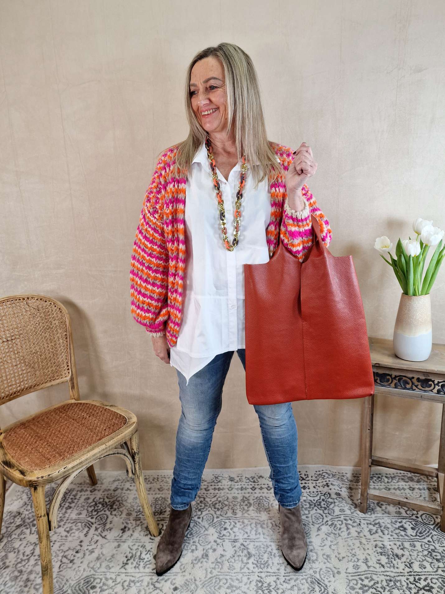 SHORT KNIT CARDIGAN DOMINO PINK ORANGE CREME kurze Strick Jacke Made in Italy 34-42 SHORT KNIT CARDIGAN DOMINO PINK ORANGE CREME kurze Strick Jacke Made in Italy 34-42