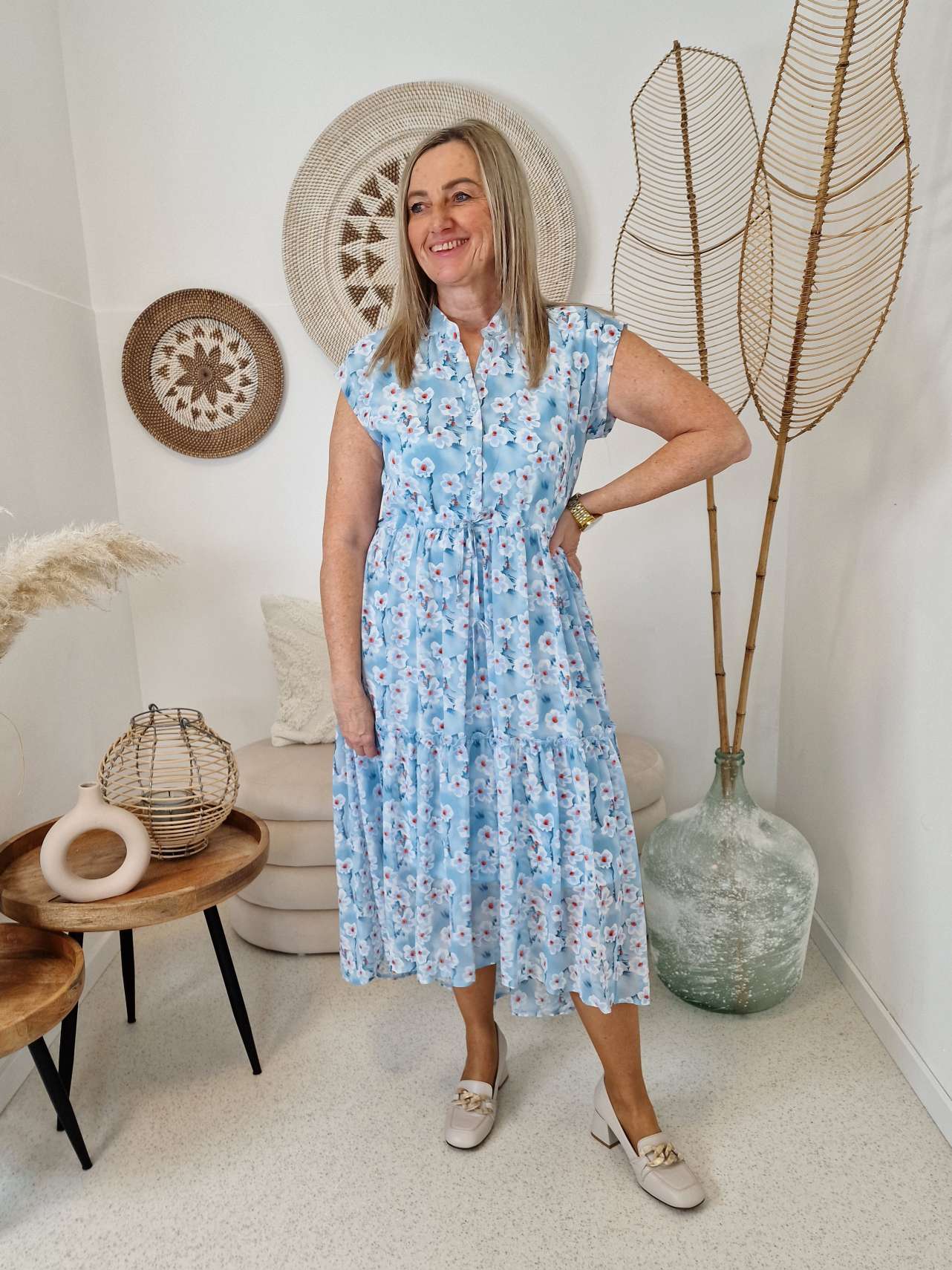 MAXI DRESS LEA FLOWERS HELLBLAU 34-40 Italy Style Blusenkleid 