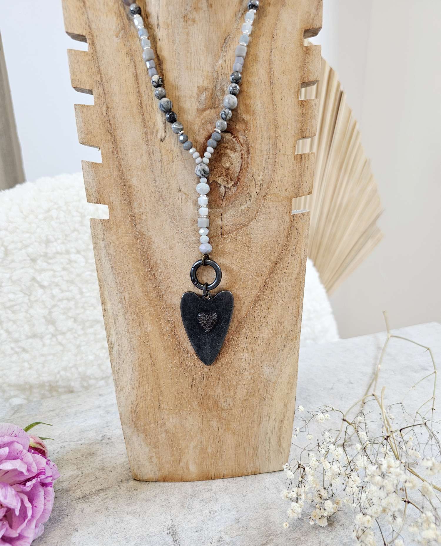 EXKLUSIVE LANGE PERLEN KETTE AMAZONAS GREY HEART Black Y Kette Halskette