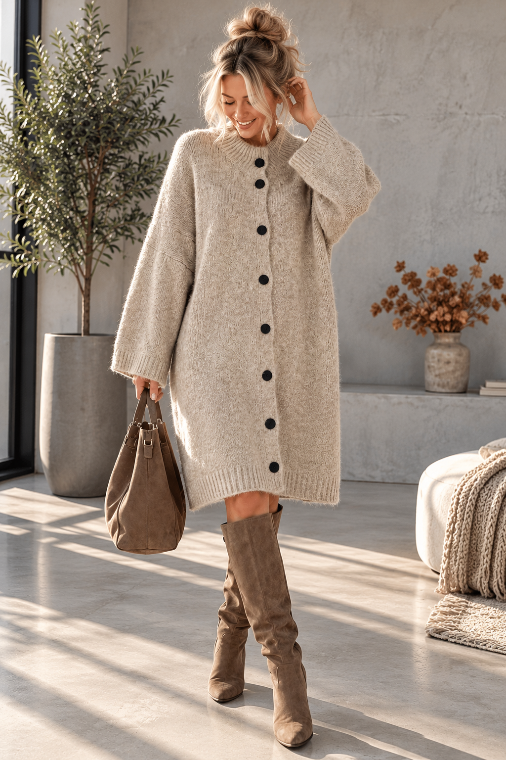 Strickkleid mit Knopfleiste & Taschen UNI SK0192 I Made in Italy 34-42