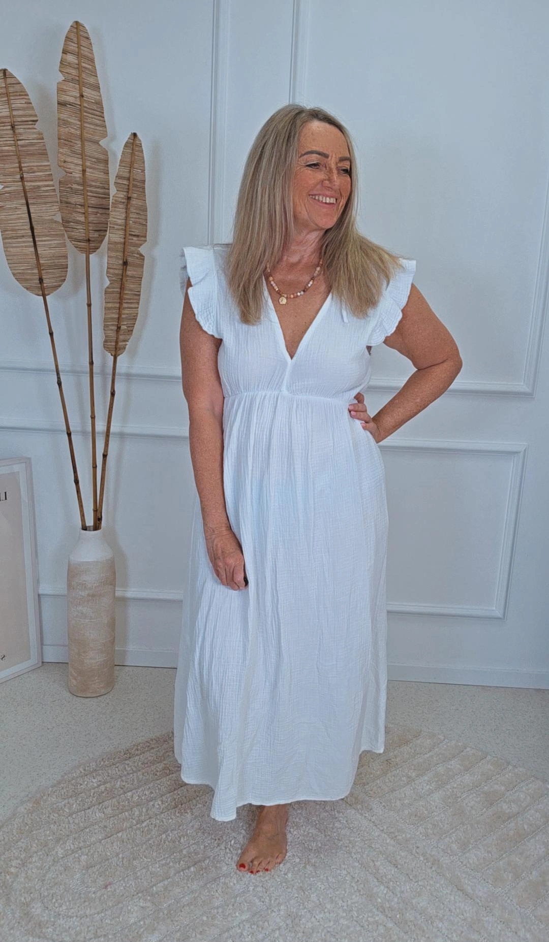 MUSSELIN KlEID ZOE BIANCO MIA 34 - 42 Made in Italy ärmellos Rüsche 