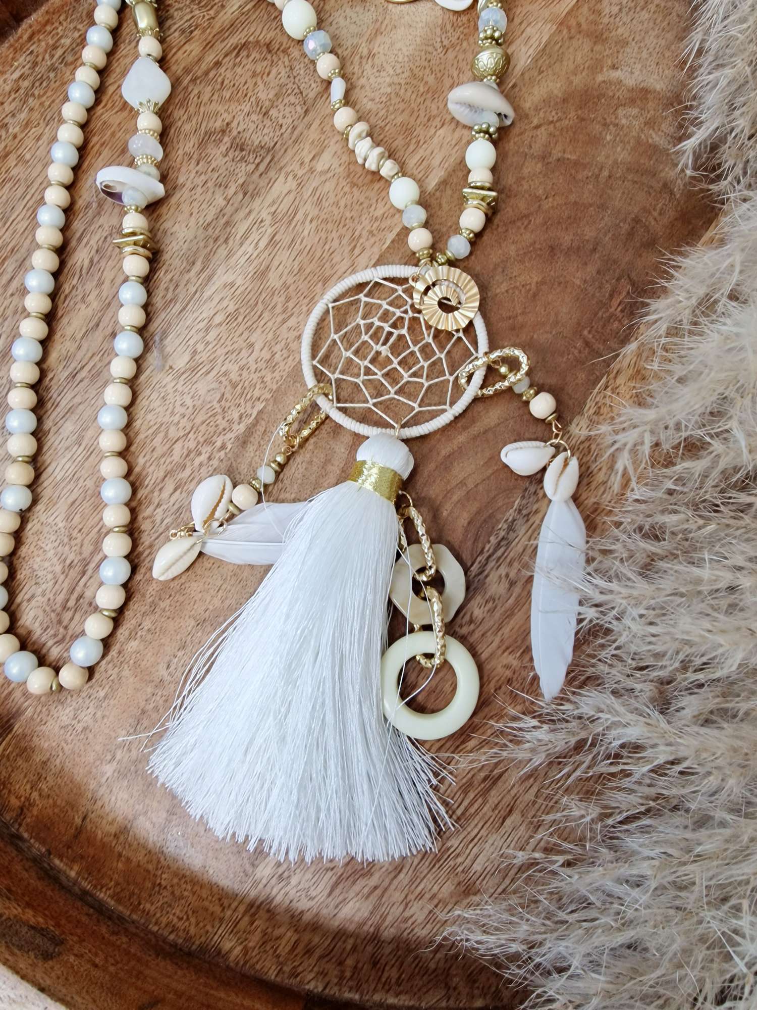 LANGE PERLENKETTE TRAUMFÄNGER BEIGE Italy Design Goldfarbig Necklace Halskette BOHO Bohemian