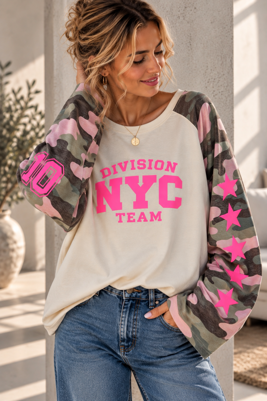 SW0115 – Statement-Shirt mit Camouflage & Neon-Details Gr. 34-42/44