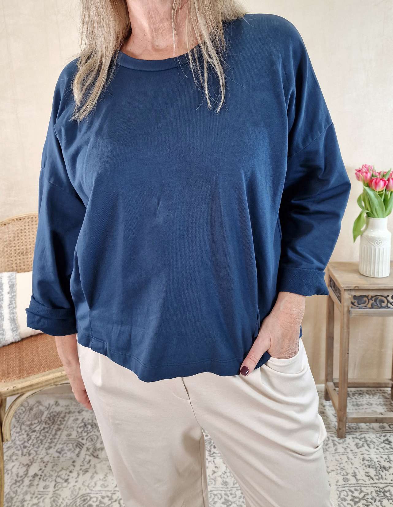 BASIC SHIRT HEIDI DUNKELBLAU 34-42 Made in Italy Langarm Shirt Sweatshirt  Longsleeve
