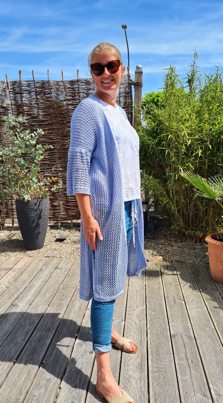 HÄKEL CARDIGAN VALENTINA HELLBLAU Strick Jacke Mantel Made in Italy 34-42 HÄKEL CARDIGAN VALENTINA HELLBLAU Strick Jacke Mantel Made in Italy 34-42
