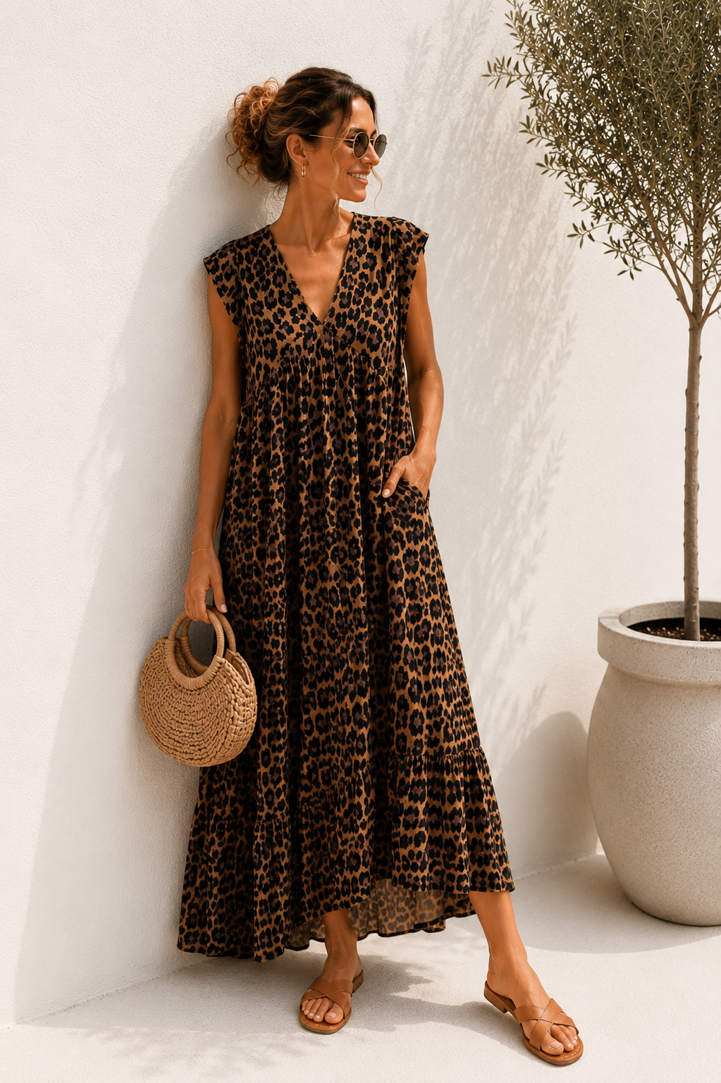 MAXI MUSSELIN KLEID TENERIFFA LEO Made in Italy 34-40/42 ärmellos