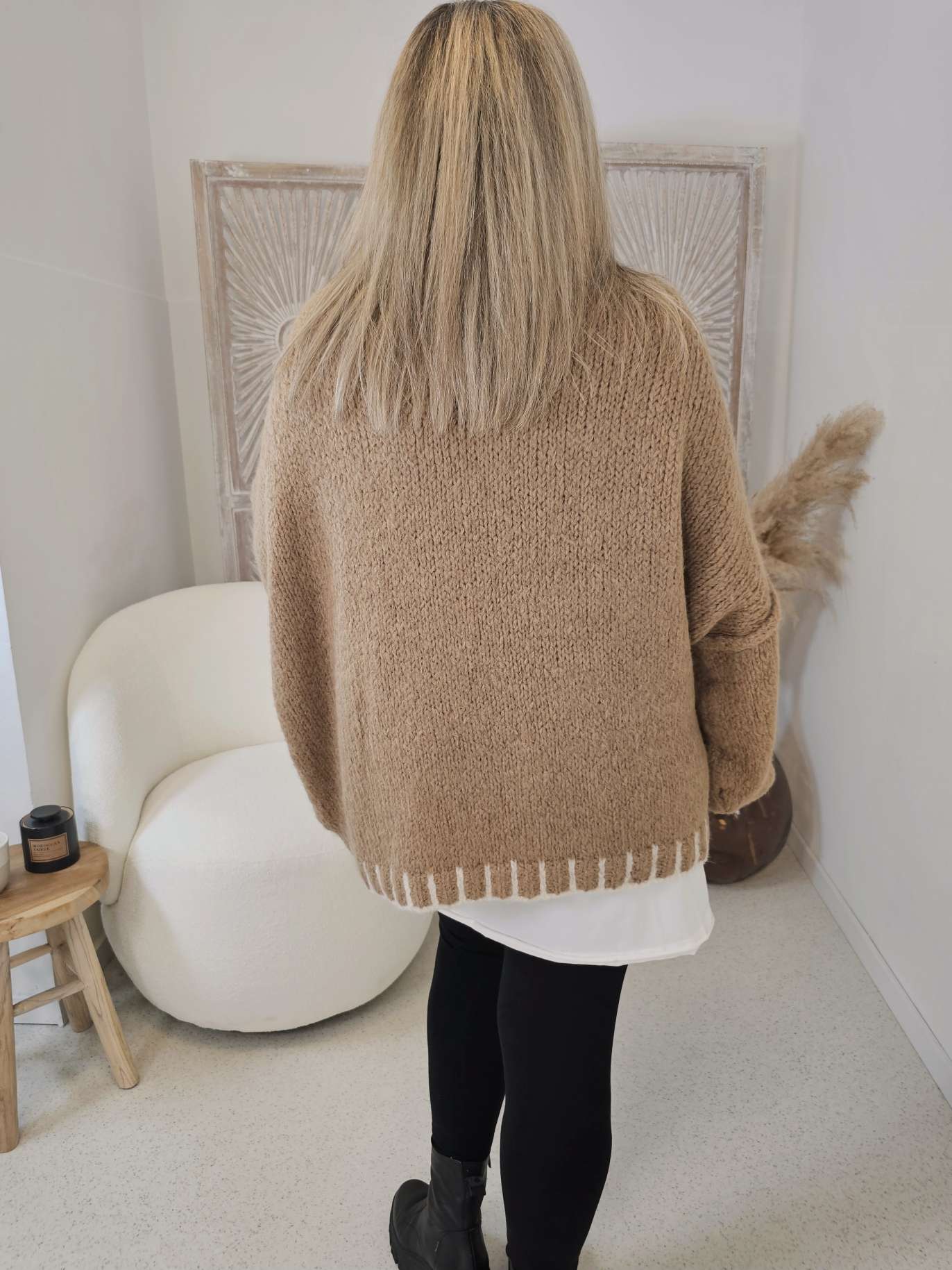 COZY KNIT SWEATER MALAGA Made in Italy 34-44 Stehkragen Pullover Kontrast Saum COZY KNIT SWEATER MALAGA Made in Italy 34-44 Stehkragen Pullover Kontrast Saum