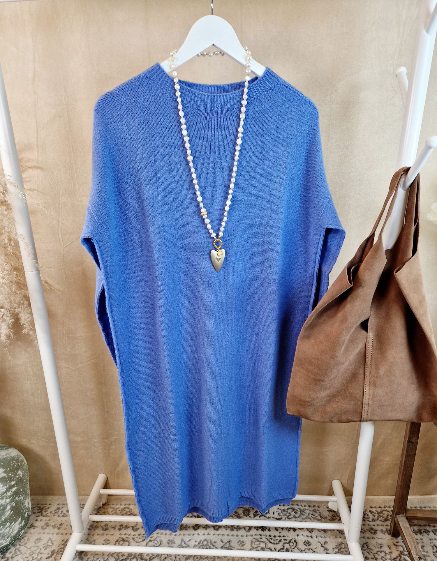 2. WAHL - LONG KNIT DRESS RITA BLAU 34-42 Made in Italy Strick Kleid Long Pullover
