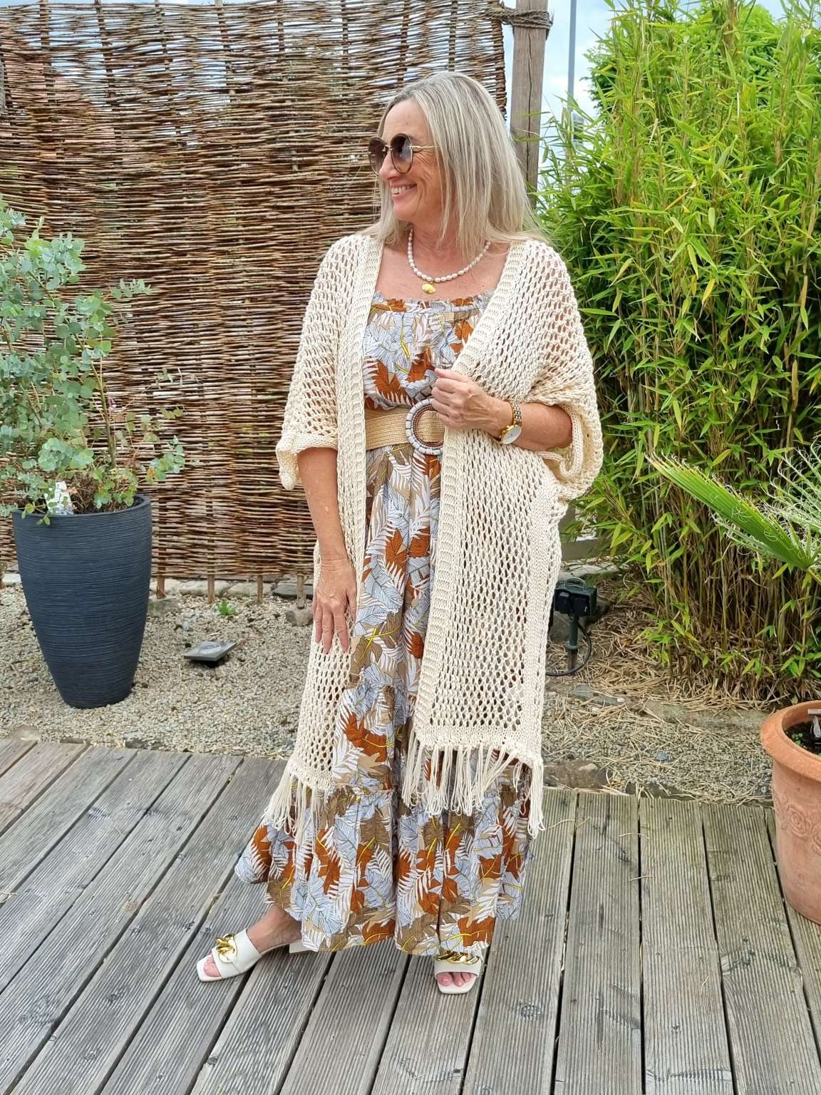 LONG CARDIGAN KOS FRINGES BEIGE Langer Strick Mantel Jacke Made in Italy Lochmuster Häkel 34-42/44 LONG CARDIGAN KOS FRINGES BEIGE Langer Strick Mantel Jacke Made in Italy Lochmuster Häkel 34-42/44