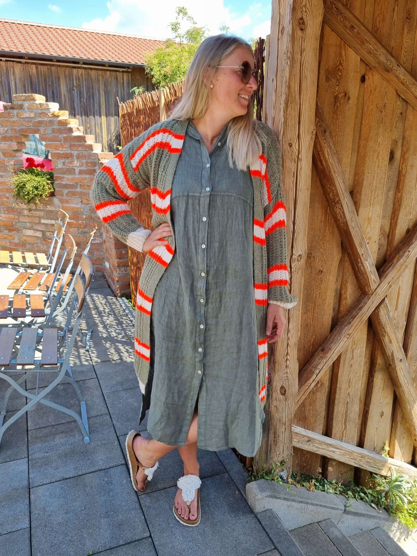 LONG KNIT CARDIGAN MYKONOS STRIPES KHAKI ORANGE CREME langer Strick Mantel Jacke Made in Italy Streifen 34-42 LONG KNIT CARDIGAN MYKONOS STRIPES KHAKI ORANGE CREME langer Strick Mantel Jacke Made in Italy Streifen 34-42