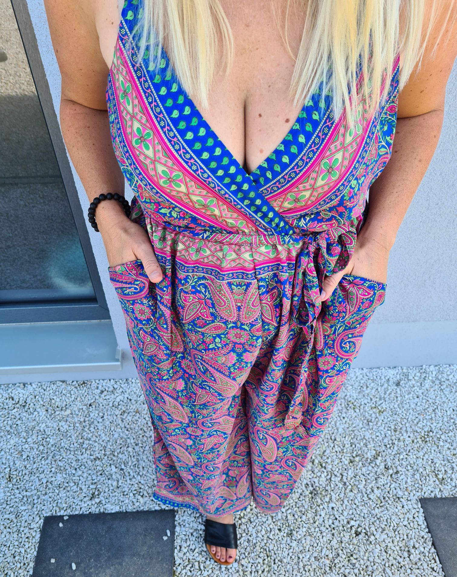 SILK JUMPSUIT MALEDIVE LEAVES BLAU PINK 1297 34-42 Boho Bohemian Overall Kunstseide SILK JUMPSUIT MALEDIVE LEAVES BLAU PINK 1297 34-42 Boho Bohemian Overall Kunstseide