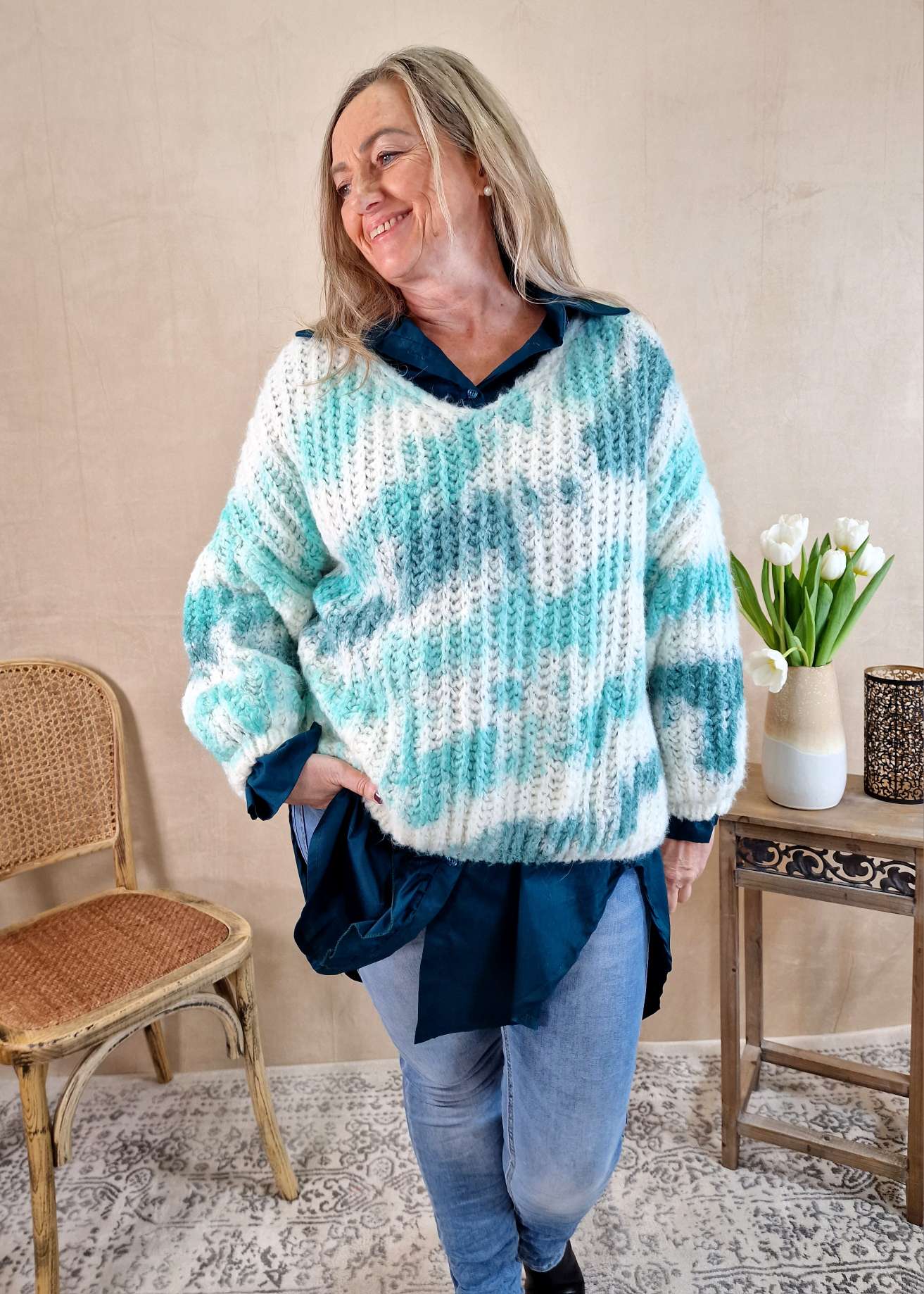 KNIT SWEATER SVENJA BATIK TÜRKIS Strickpullover Pullover 34-42 Oversize Made in Italy versch. Farben KNIT SWEATER SVENJA BATIK TÜRKIS Strickpullover Pullover 34-42 Oversize Made in Italy versch. Farben
