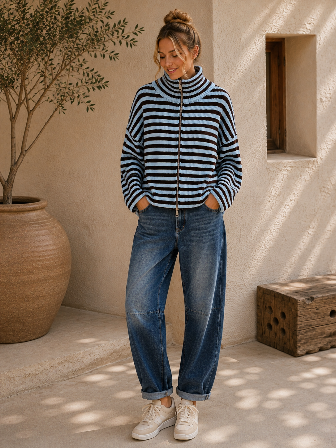 Strickjacke Celia – Streifenlook mit 2-Wege-Reißverschluss Made in Italy 34-40/42 Cardigan