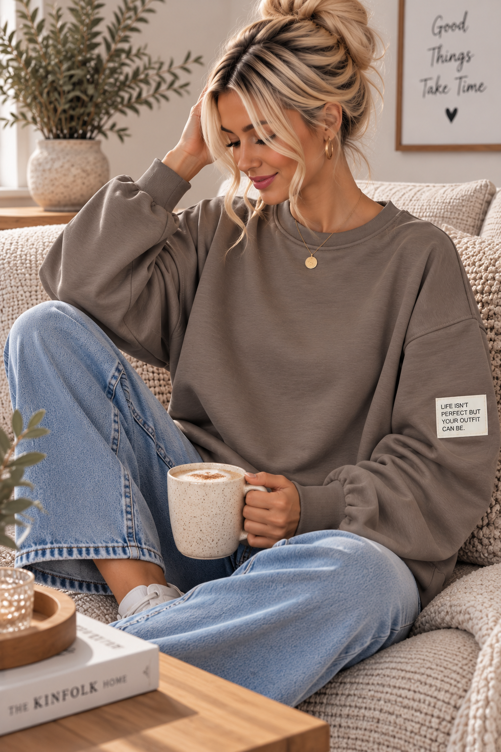 Butterstoff-Sweatshirt uni mit Statement-Patch – SW0094 Made in Italy Gr 34-42