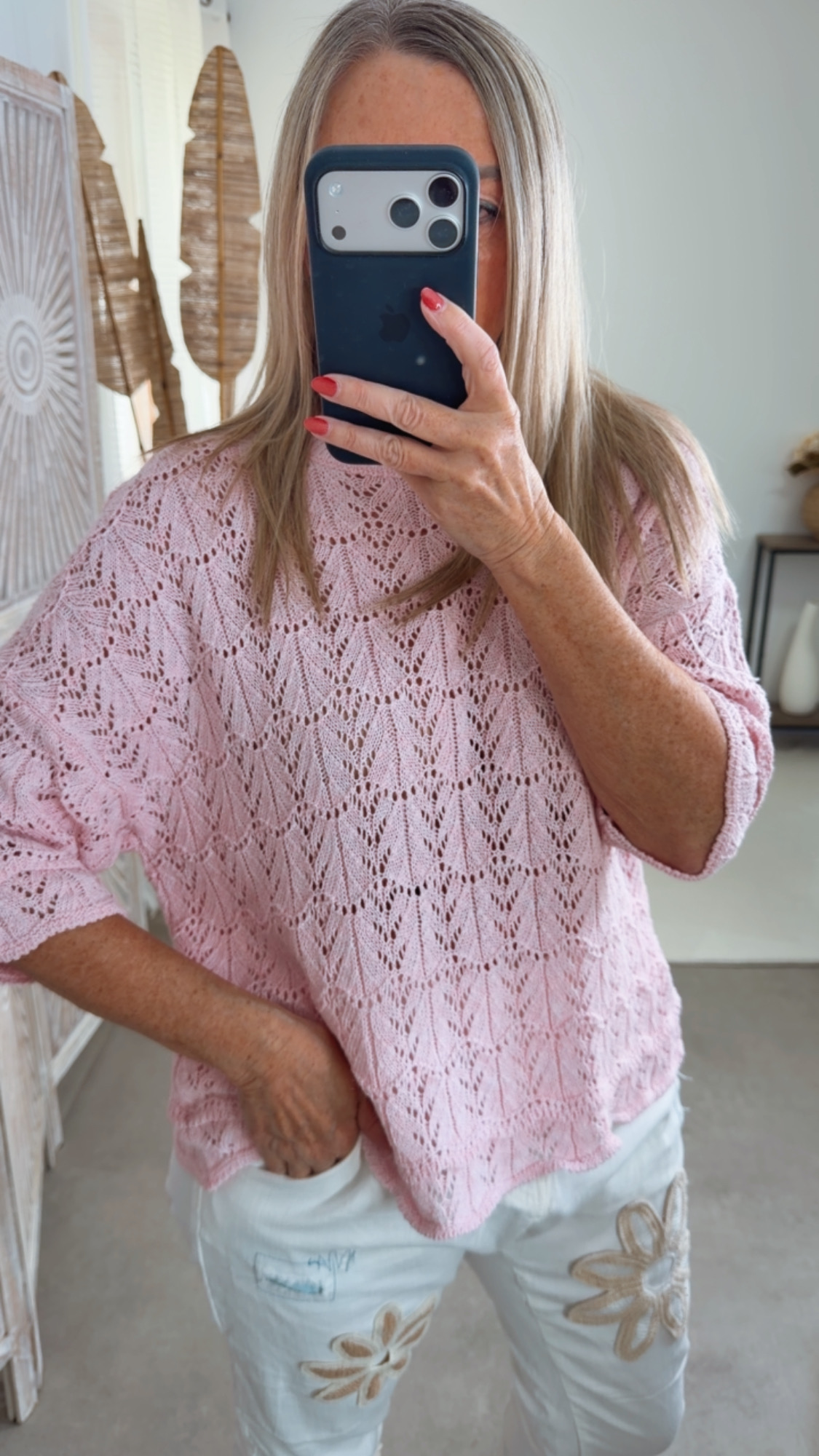 Strickshirt Lochmuster Fili Uni Made in Italy 34-42 Kurzarm Pullover