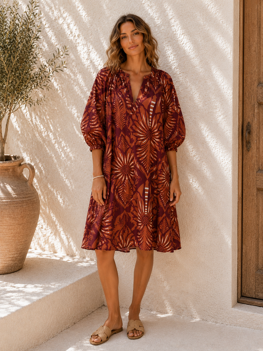 Kleid Kimolos Blätter- und Blumendesign Made in Italy 34-42/44