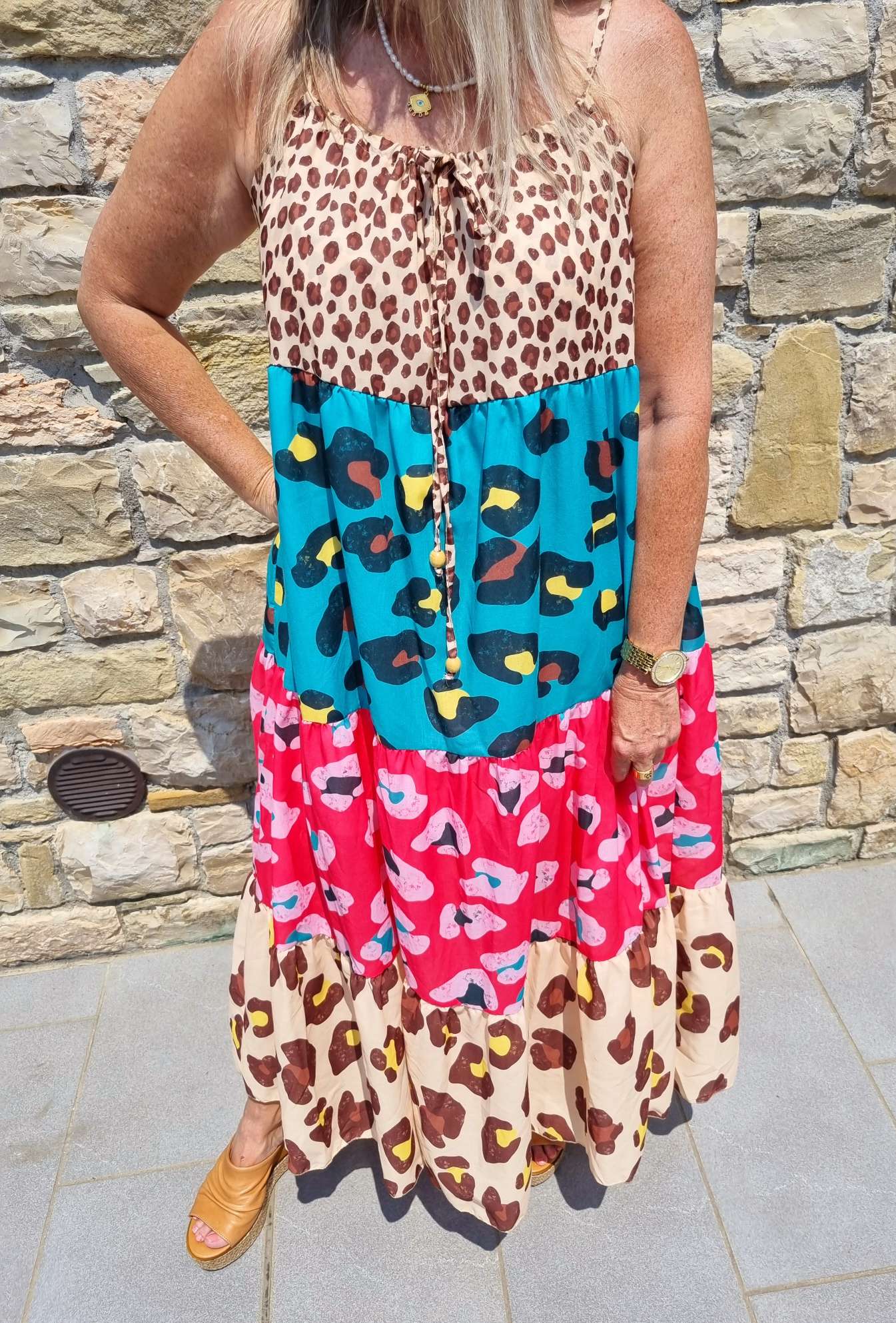 SPAGHETTI DRESS CHIETA LEO 36-42 Made in Italy Maxi Kleid Sommer Strandkleid Leopard BEIGE TÜRKIS PINK SPAGHETTI DRESS CHIETA LEO 36-42 Made in Italy Maxi Kleid Sommer Strandkleid Leopard BEIGE TÜRKIS PINK