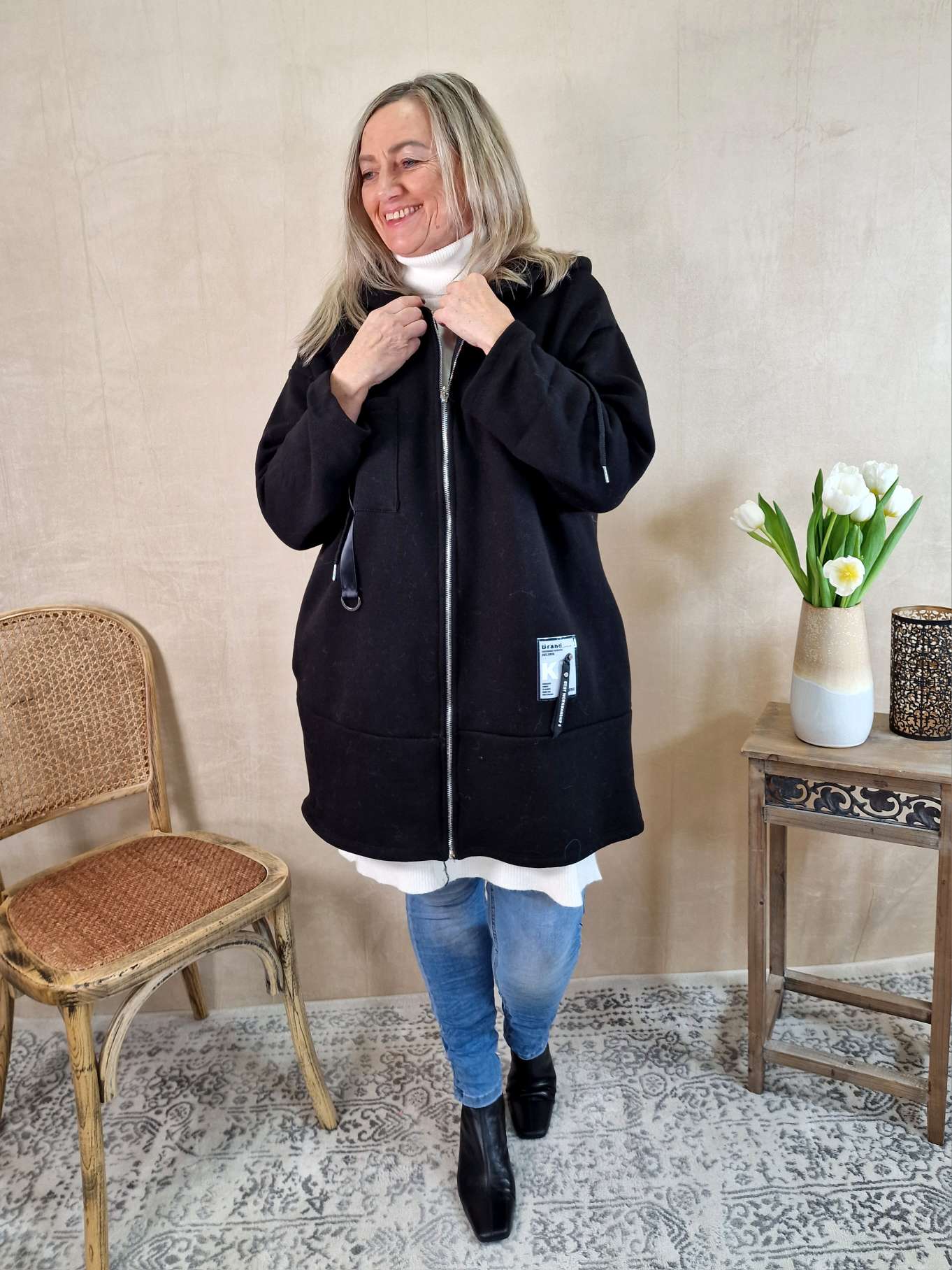 HOODIE SWEATER JACKE CARLO SCHWARZ 34-42 Made in Italy Oversize lange Sweatshirtjacke HOODIE SWEATER JACKE CARLO SCHWARZ 34-42 Made in Italy Oversize lange Sweatshirtjacke