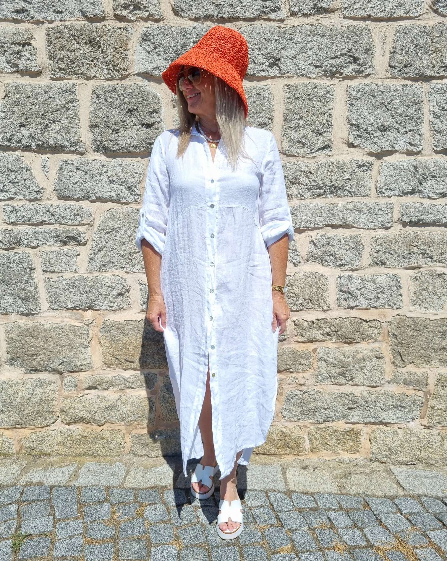 LINEN DESS WANDA 2 WEISS 34-40 Made in Italy Leinen Kleid Long Bluse Mantel LINEN DESS WANDA 2 WEISS 34-40 Made in Italy Leinen Kleid Long Bluse Mantel