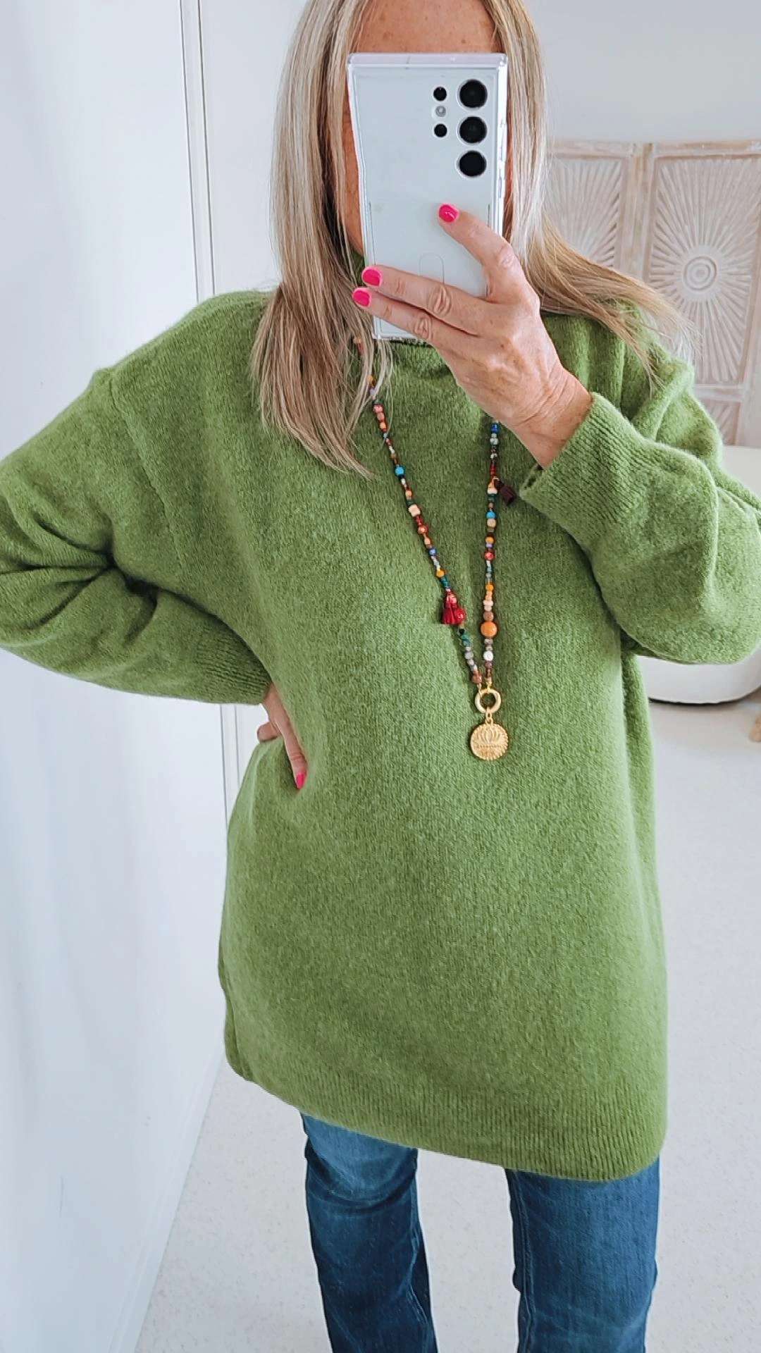 LONG KNIT SWEATER ELENOR GRÜN Strick Pullover Oversize Gr. 34-42 Baby Alpaka 