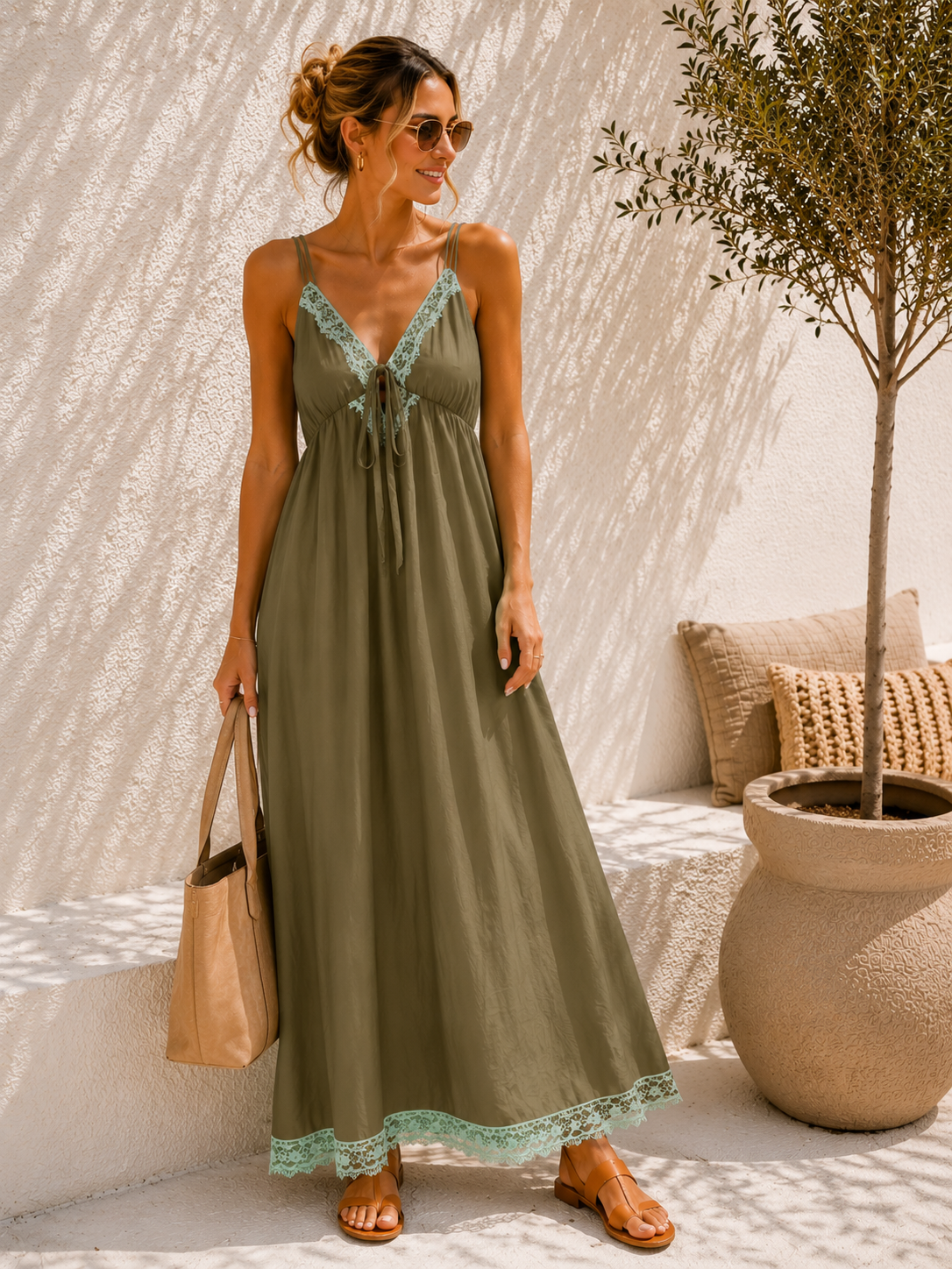 Maxikleid „Burano“ Khaki Spitzenbesatz Uni 34-42/44
