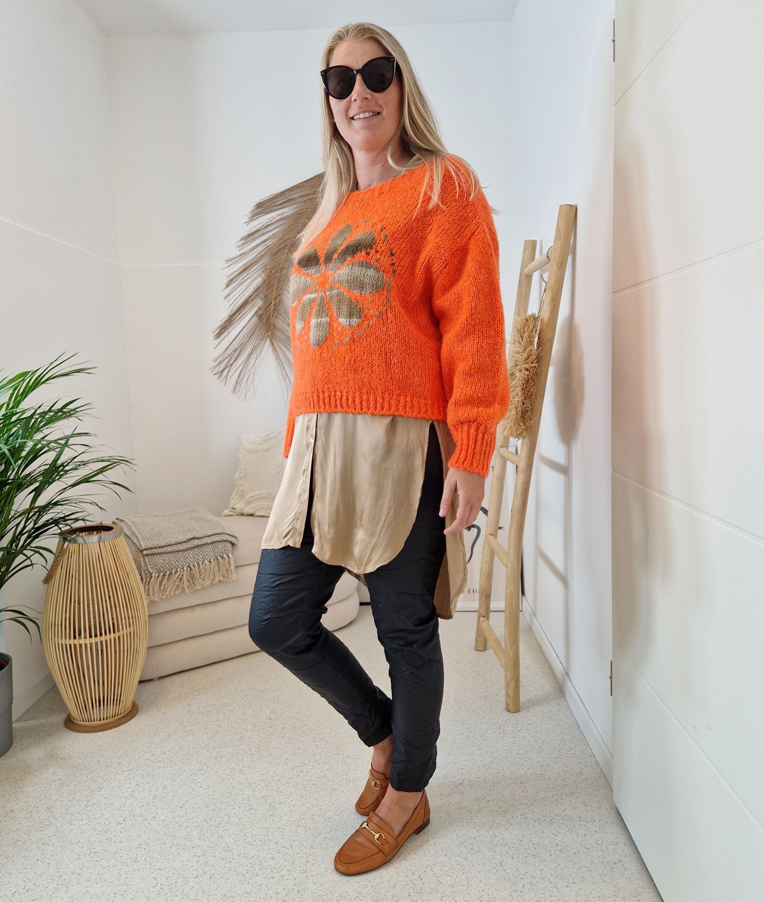 KNIT SWEATER GRETA FLOWER ORANGE Strickpullover Pullover 34-42 Made in Italy versch. Farben KNIT SWEATER GRETA FLOWER ORANGE Strickpullover Pullover 34-42 Made in Italy versch. Farben
