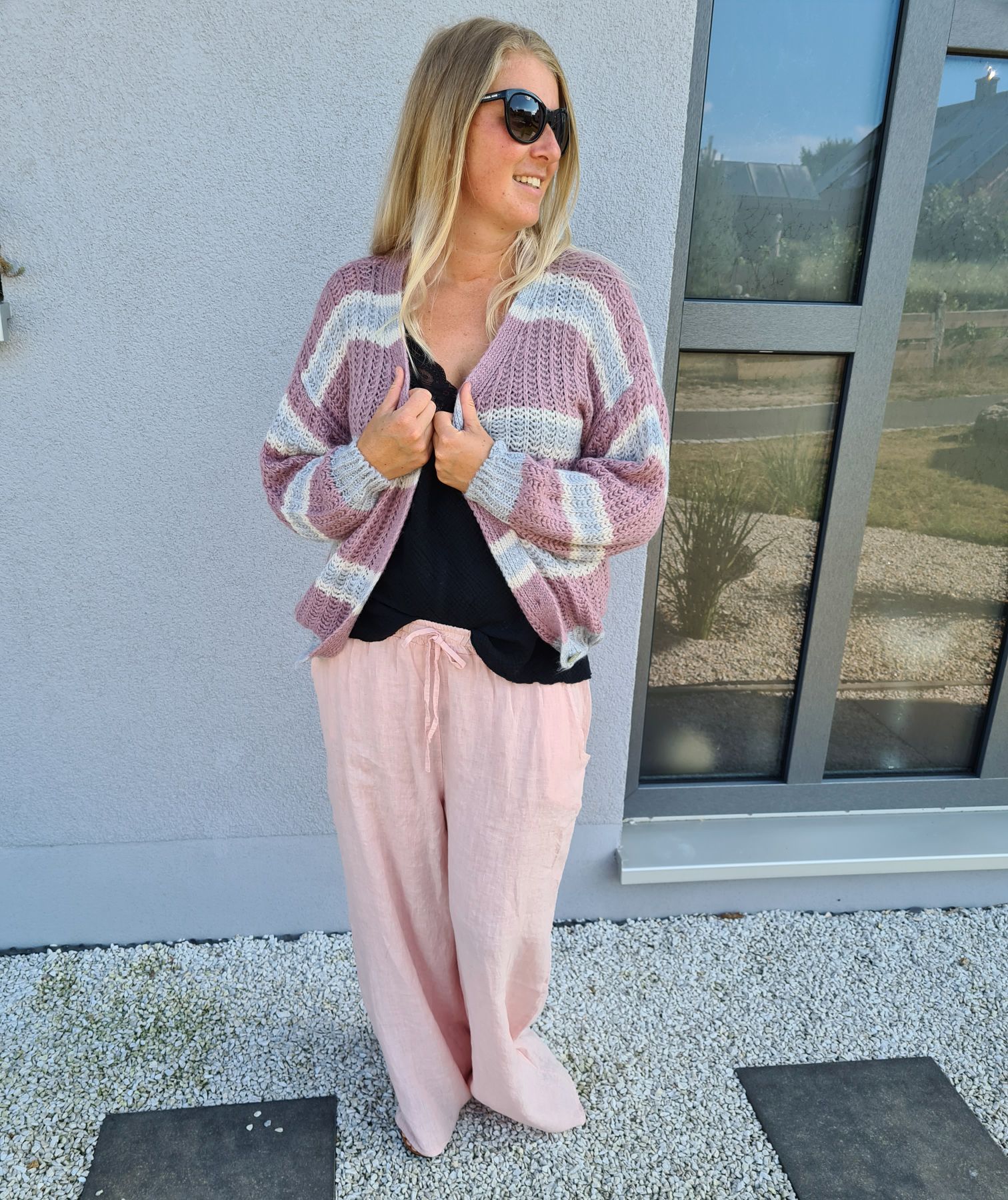 SHORT KNIT CARDIGAN MYKONOS STRIPES BUTTONS ROSA GRAU kurze Strick Jacke Made in Italy Knöpfe Streifen 34-42 SHORT KNIT CARDIGAN MYKONOS STRIPES BUTTONS ROSA GRAU kurze Strick Jacke Made in Italy Knöpfe Streifen 34-42