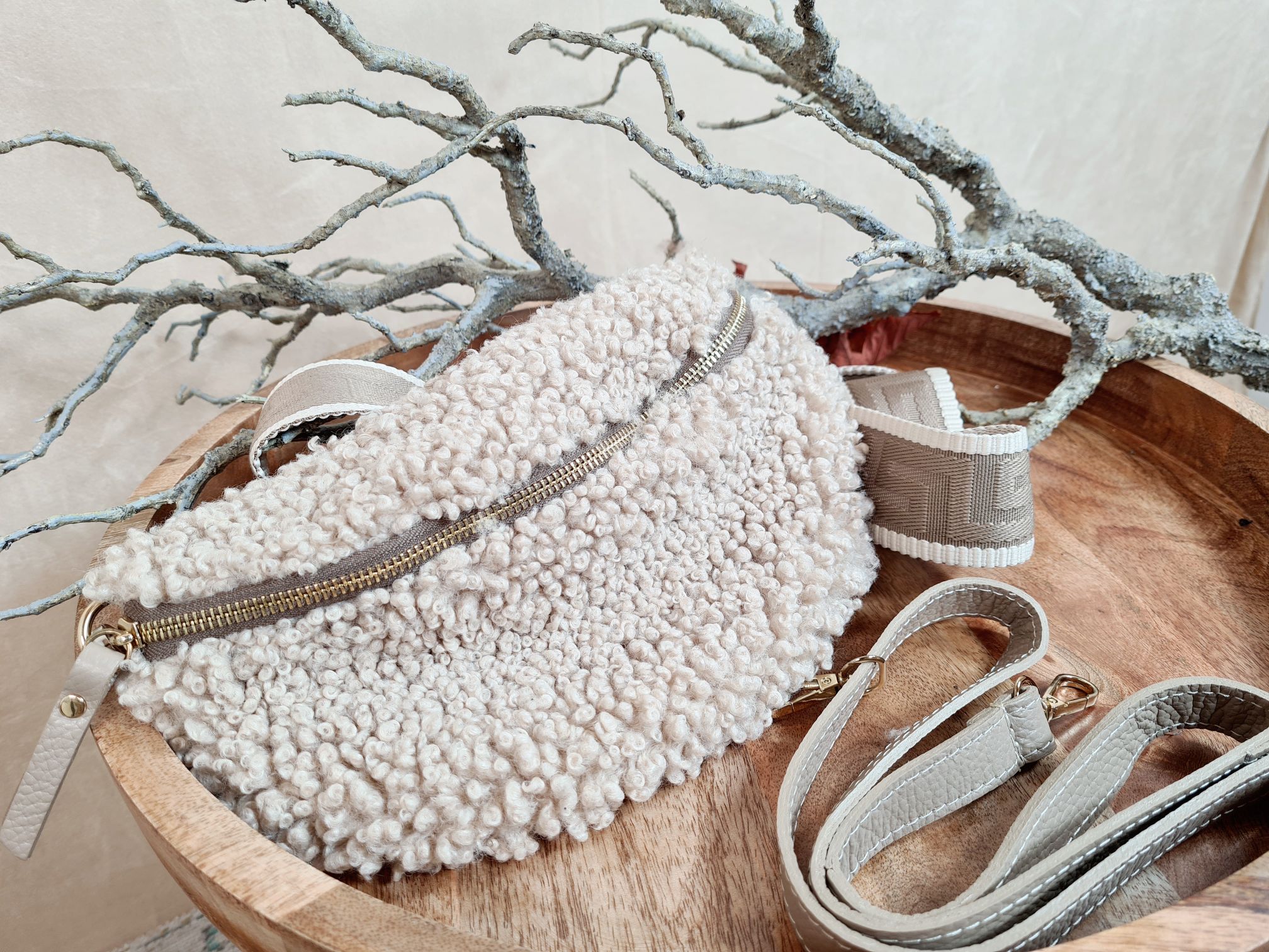BAUCHTASCHE TEDDY M AURI BEIGE Umhängetasche mit Leder Made in Italy BAUCHTASCHE TEDDY M AURI BEIGE Umhängetasche mit Leder Made in Italy