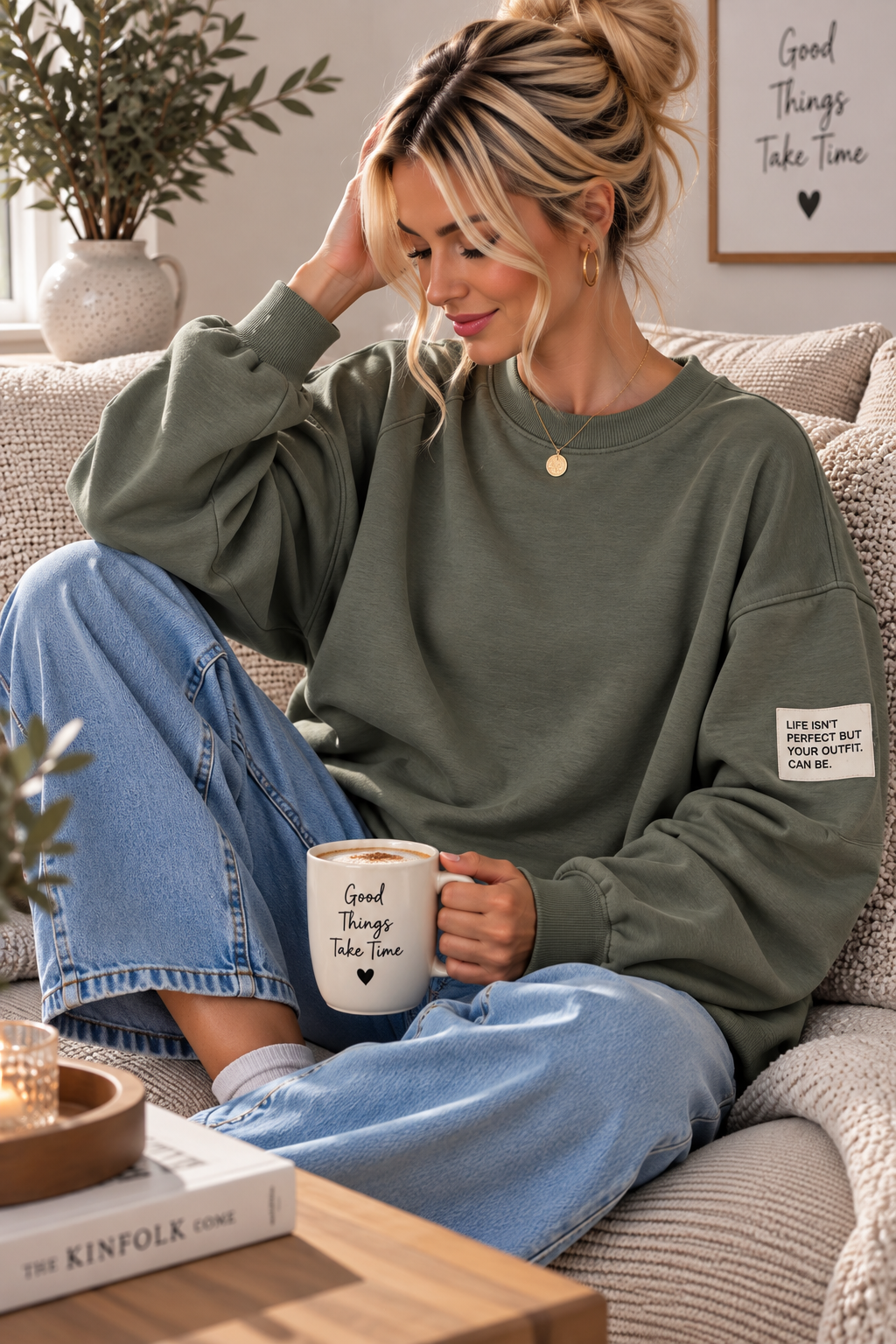 Butterstoff-Sweatshirt uni mit Statement-Patch – SW0094 Made in Italy Gr 34-42