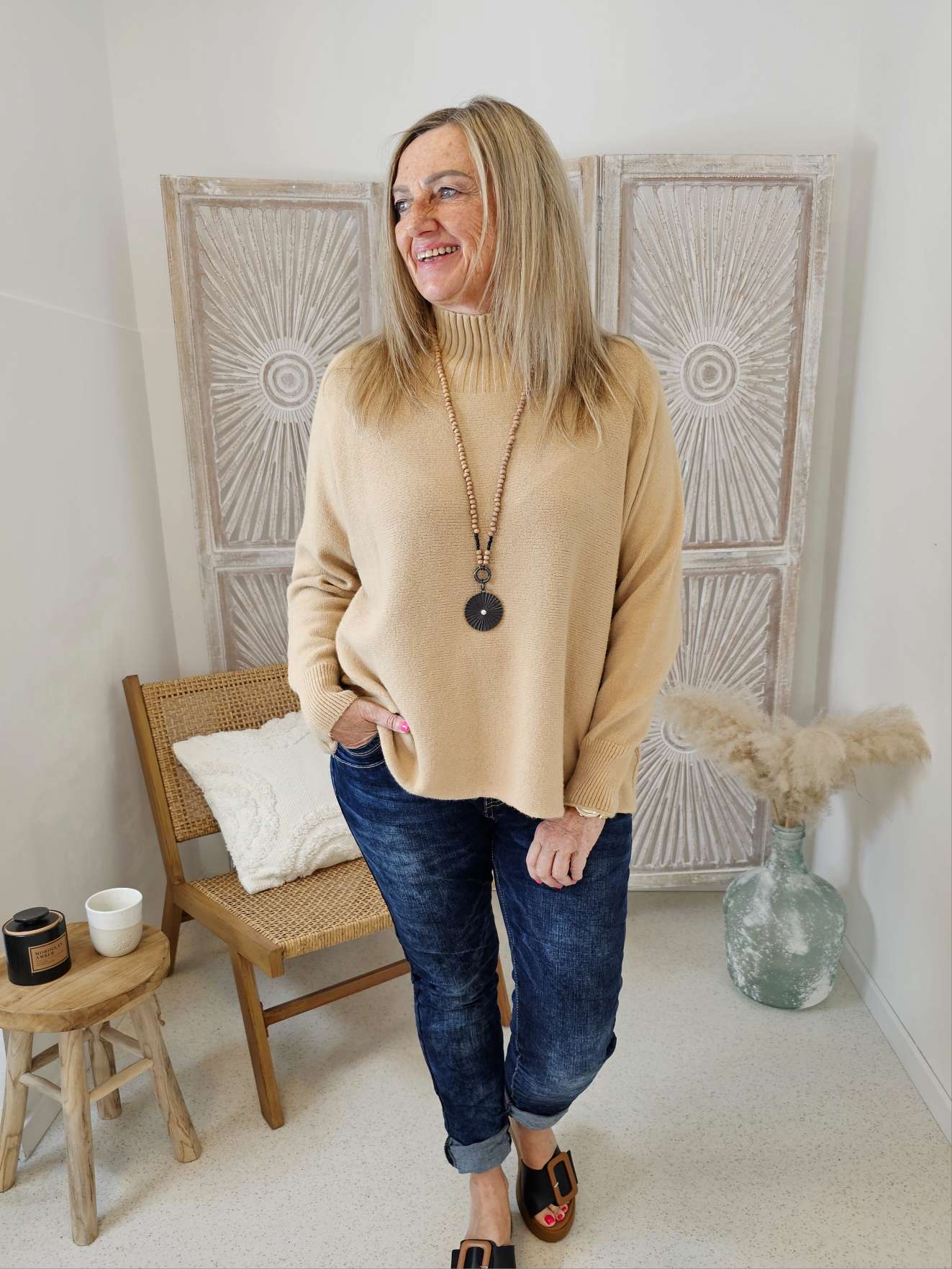  EDLER BASIC ROLLKRAGEN PULLOVER SAMANTHA CAMEL 34-42 Made in Italy Strickpullover Sweatshirt Longsleeve