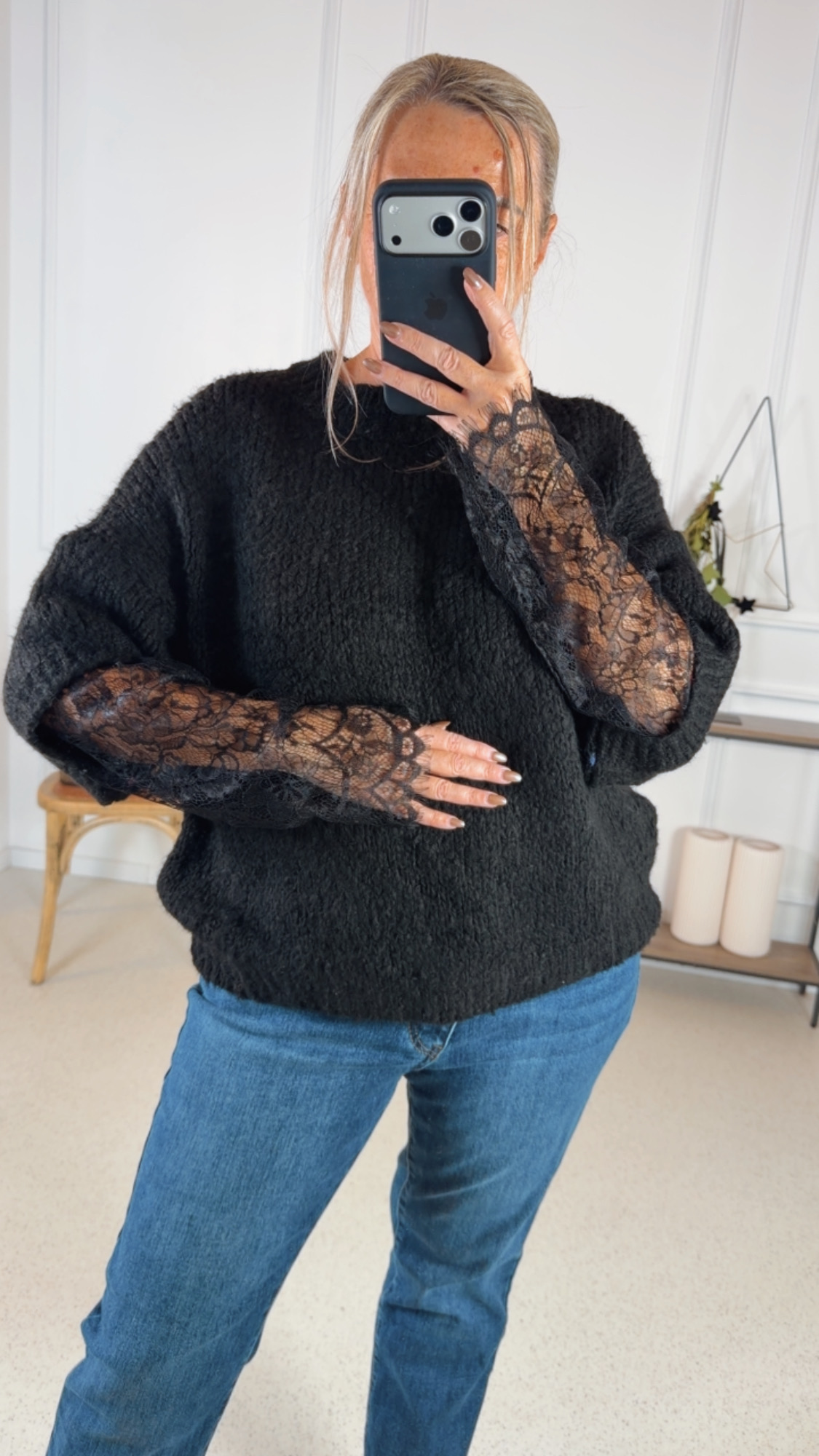 BASIC KNIT PULLOVER KIARA mit Spitze 34 - 44 Made in Italy Strickpullover