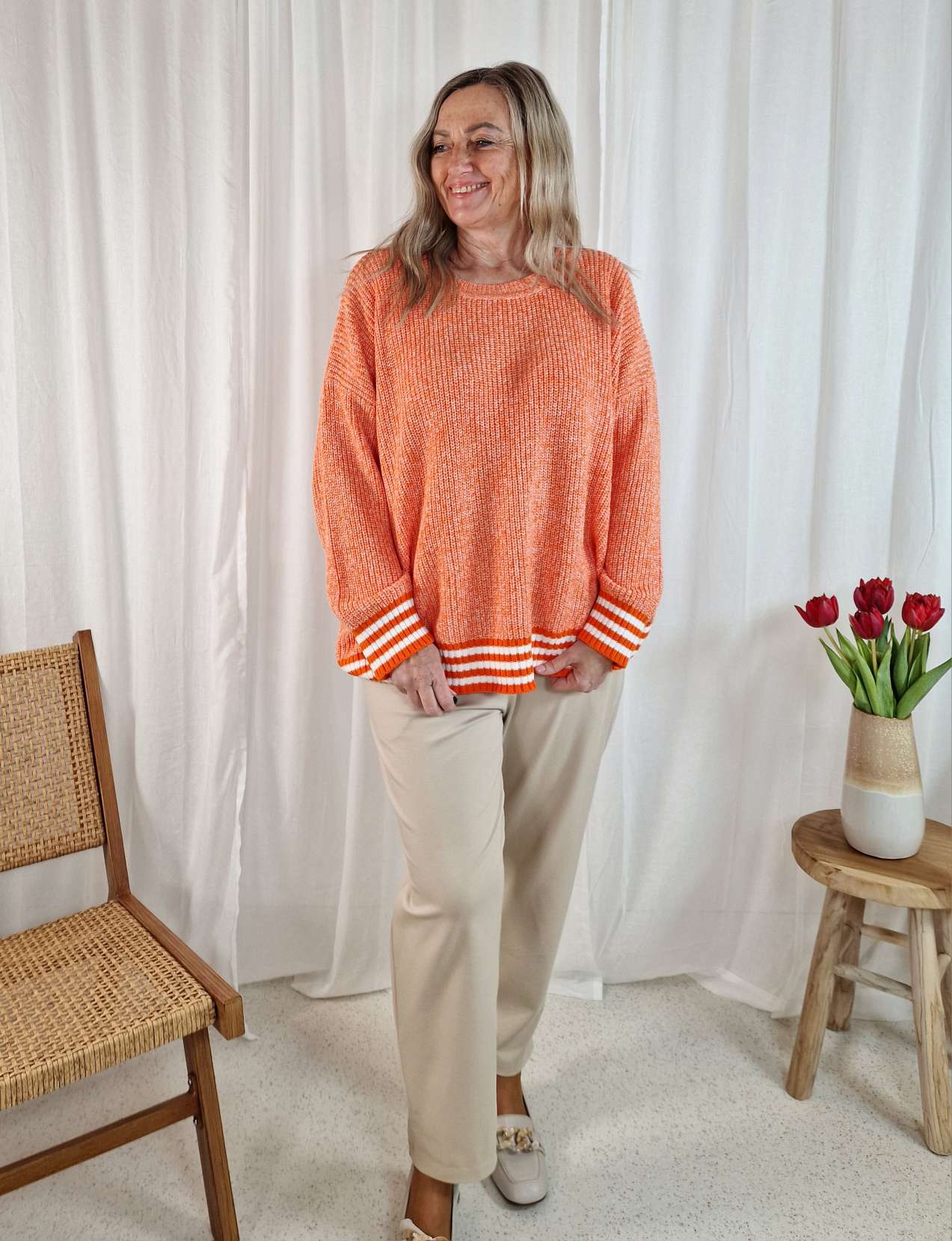 EDLER LIGHT KNIT SWEATER TARA ORANGE 34-42 Italy Style Strickpullover Longsleeve