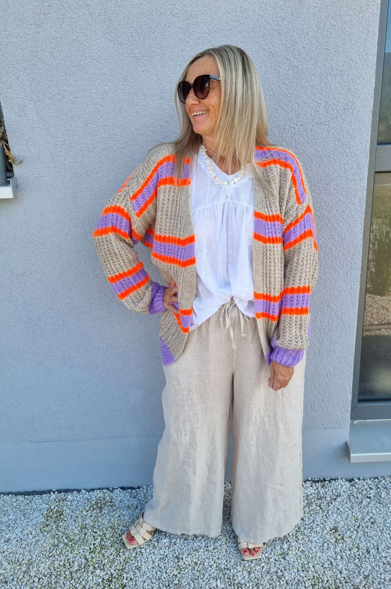 SHORT KNIT CARDIGAN MYKONOS STRIPES BEIGE FLIEDER ORANGE kurze Strick Jacke Made in Italy Streifen 34-42 SHORT KNIT CARDIGAN MYKONOS STRIPES BEIGE FLIEDER ORANGE kurze Strick Jacke Made in Italy Streifen 34-42