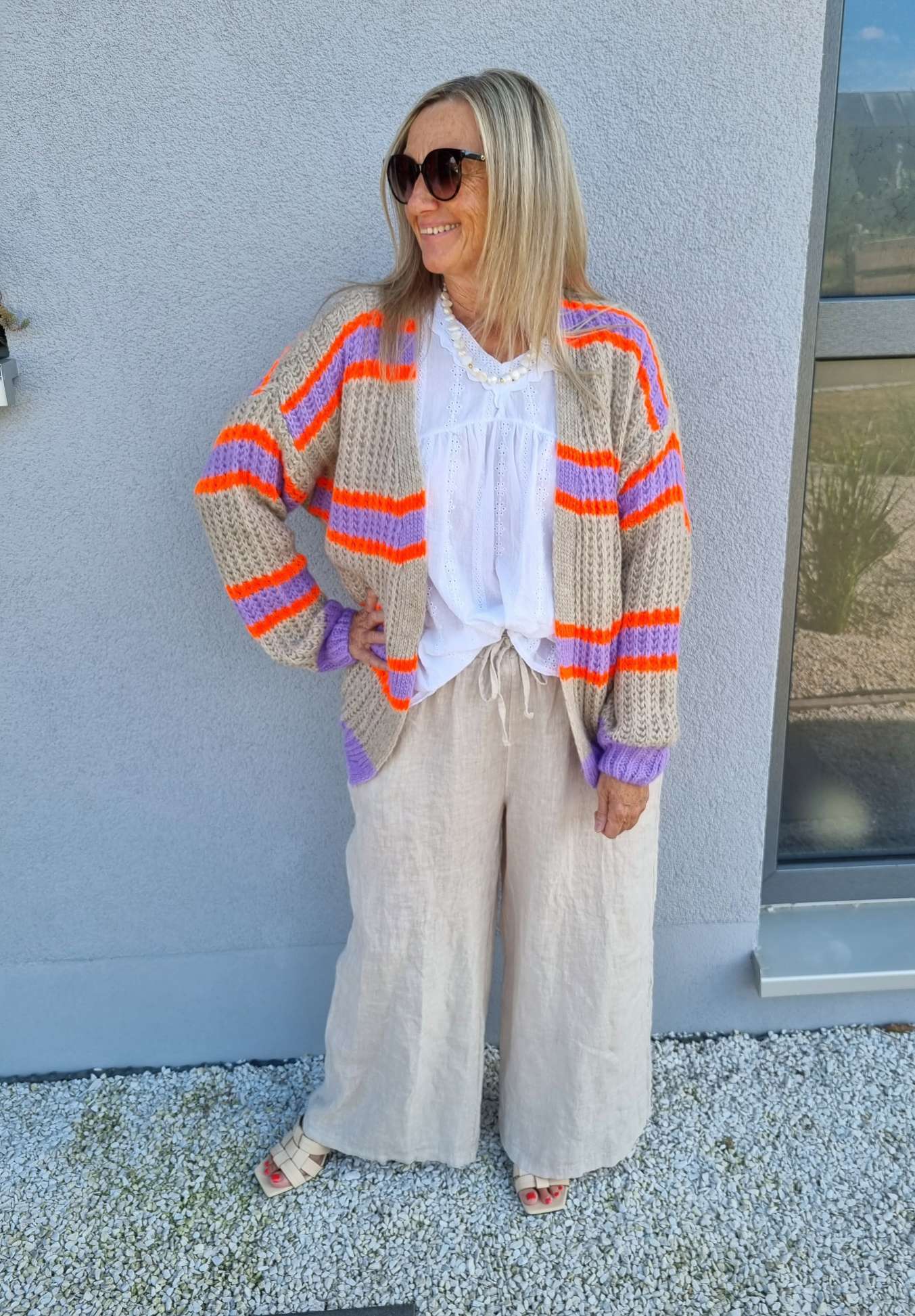 SHORT KNIT CARDIGAN MYKONOS STRIPES BEIGE FLIEDER ORANGE kurze Strick Jacke Made in Italy Streifen 34-42 SHORT KNIT CARDIGAN MYKONOS STRIPES BEIGE FLIEDER ORANGE kurze Strick Jacke Made in Italy Streifen 34-42