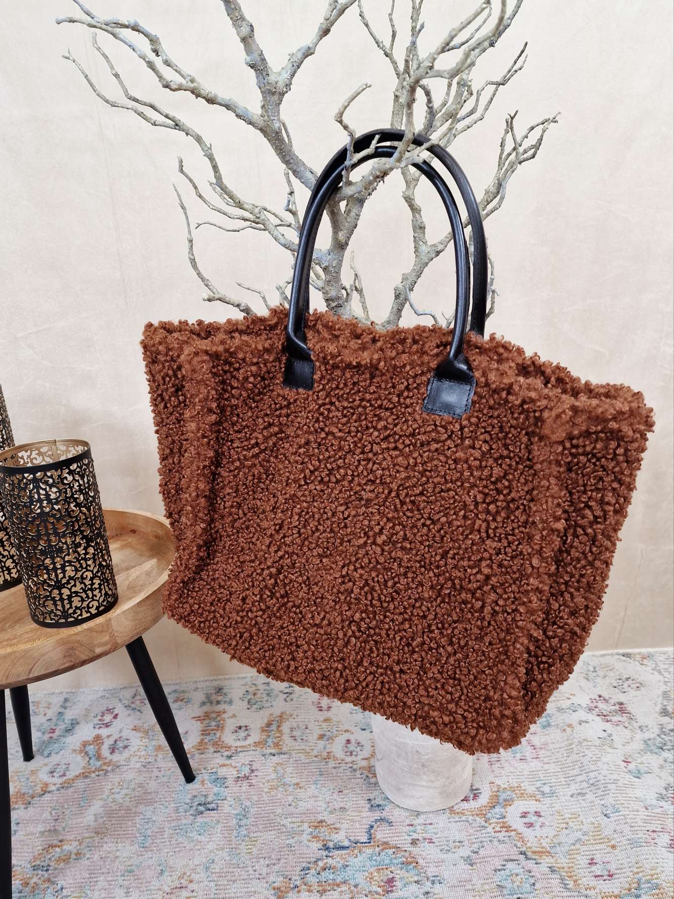 TEDDY FELL SHOPPER ELENI DUNKELBRAUN flauschige Shopping Bag mit Leder-Henkel Tasche Made in Italy TEDDY FELL SHOPPER ELENI DUNKELBRAUN flauschige Shopping Bag mit Leder-Henkel Tasche Made in Italy