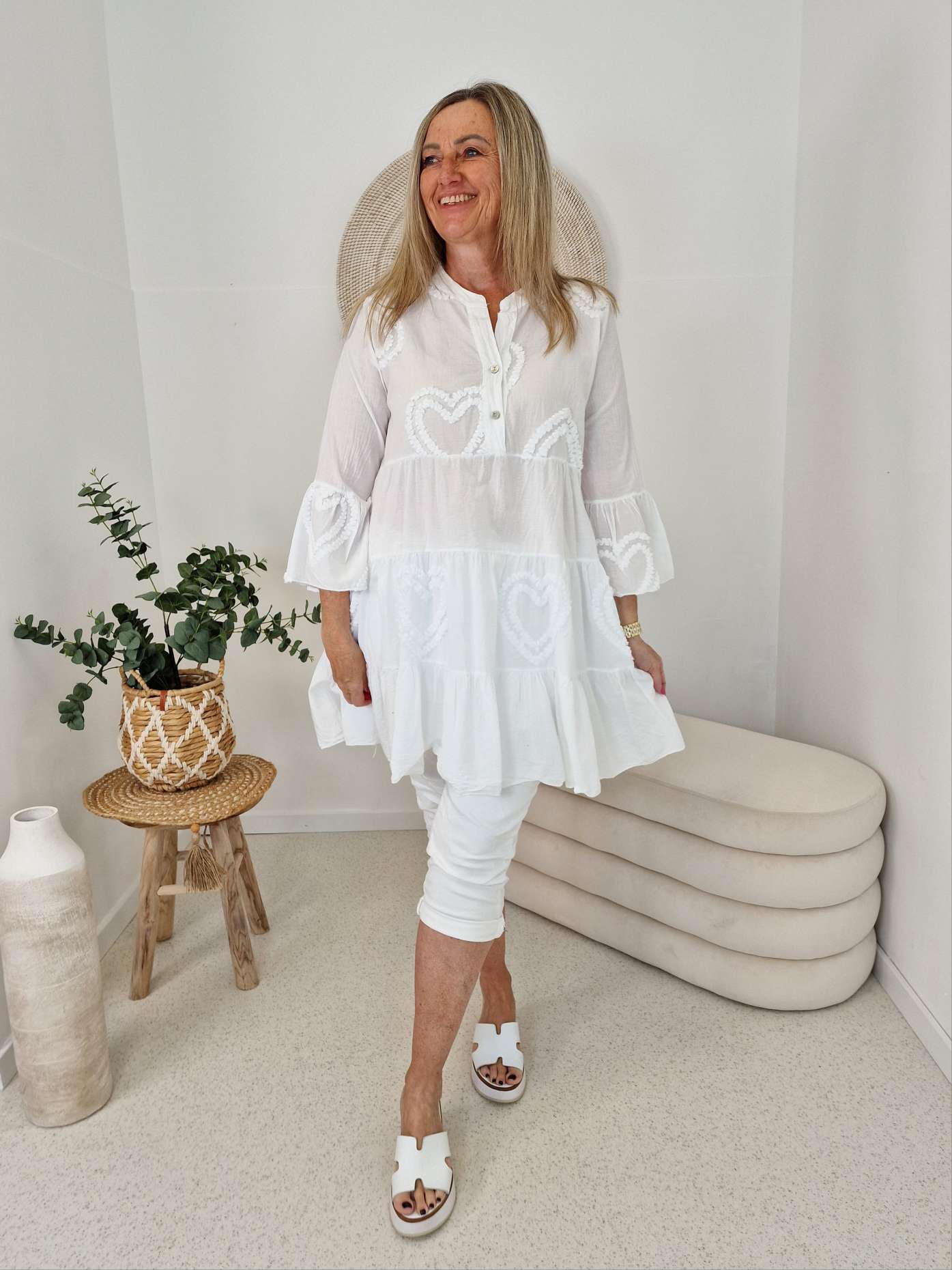 TUNIKA DRESS CLAIRE HEART WEISS 34-42 Made in Italy Midi Kleid TUNIKA DRESS CLAIRE HEART WEISS 34-42 Made in Italy Midi Kleid