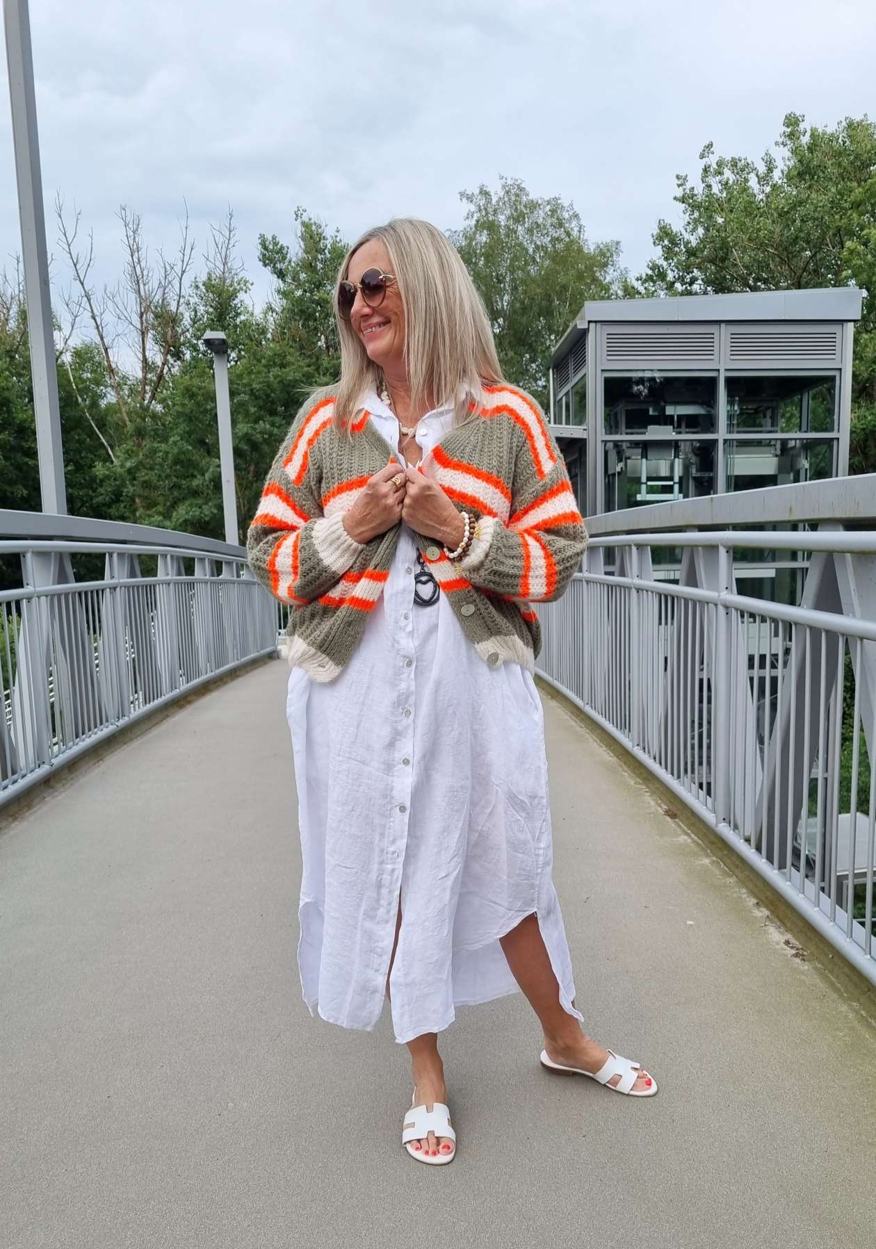 SHORT KNIT CARDIGAN MYKONOS STRIPES BUTTONS KHAKI ORANGE CREME kurze Strick Jacke Made in Italy Streifen Knöpfe 34-42 SHORT KNIT CARDIGAN MYKONOS STRIPES BUTTONS KHAKI ORANGE CREME kurze Strick Jacke Made in Italy Streifen Knöpfe 34-42