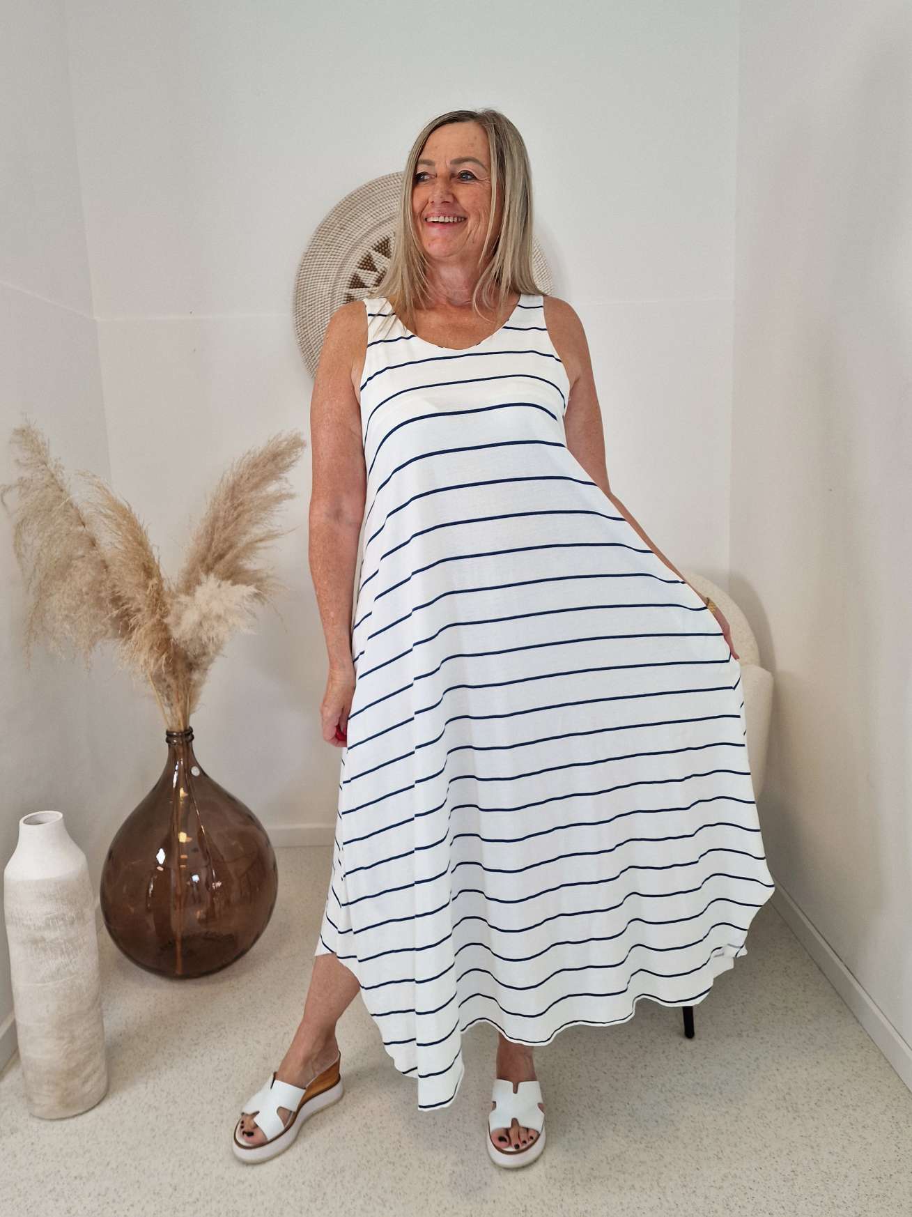 SOMMER KLEID TIM Streifen CREME BLAU 36 - 42 Made in Italy Maritim