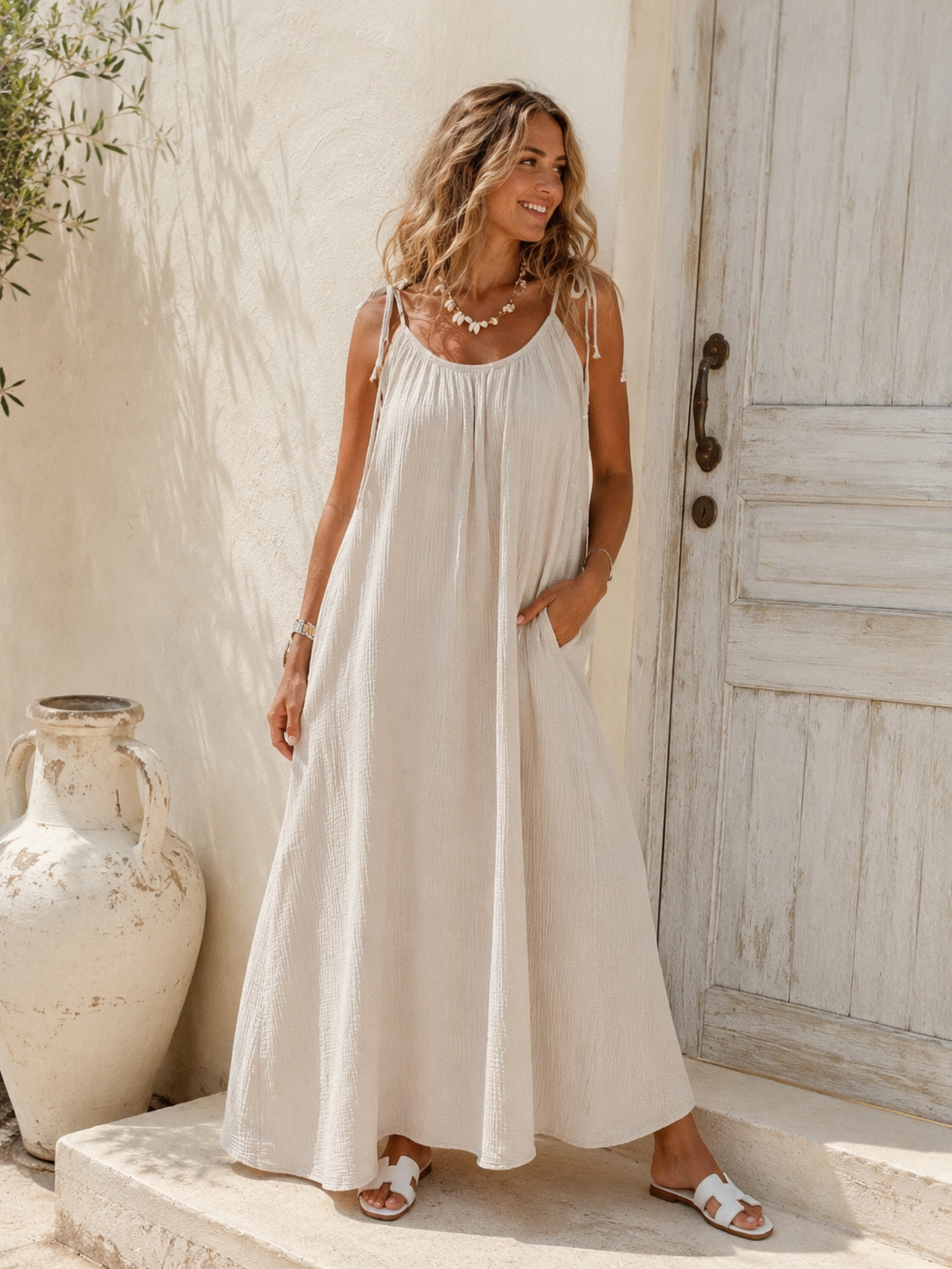 MUSSELIN SPAGHETTI TRÄGERKLEID PALMA UNI 36 -44/46 Made in Italy ACHTUNG SOMMERSCHNAPPER SIND VOM UMTAUSCH AUSGESCHLOSSEN
