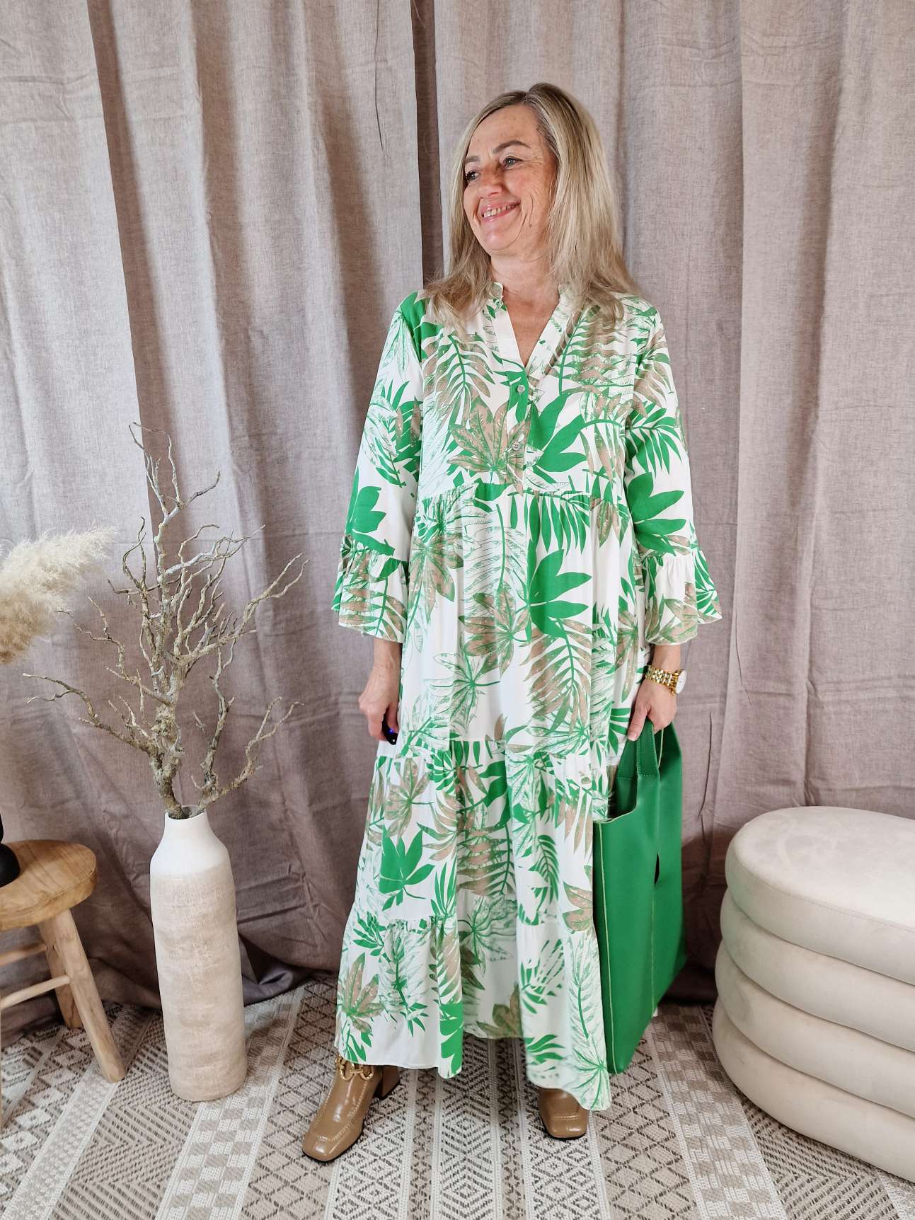 TUNIKA DRESS DOROTHEA LEAVES GRÜN 34-42 Made in Italy Maxi Kleid