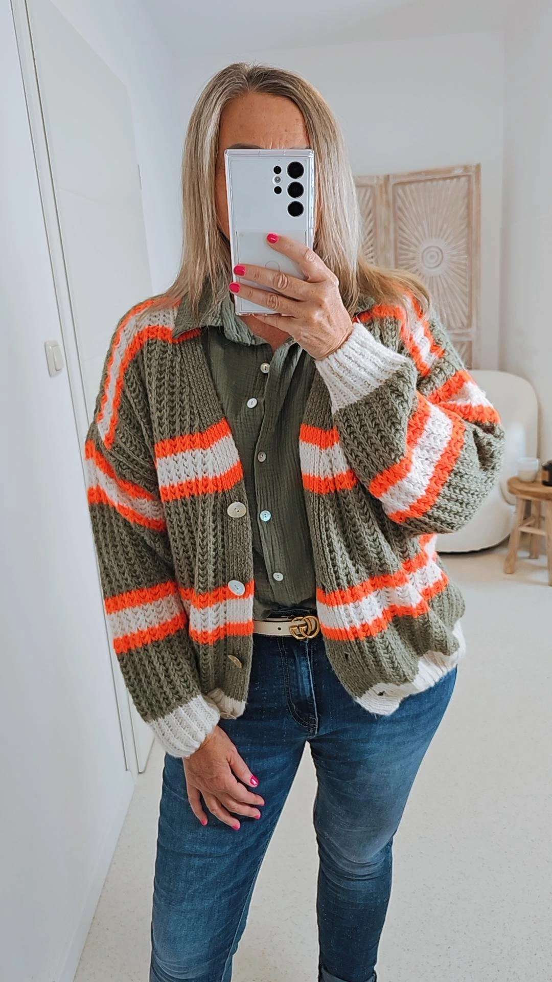 SHORT KNIT CARDIGAN MYKONOS STRIPES BUTTONS KHAKI ORANGE CREME kurze Strick Jacke Made in Italy Streifen Knöpfe  34-42 