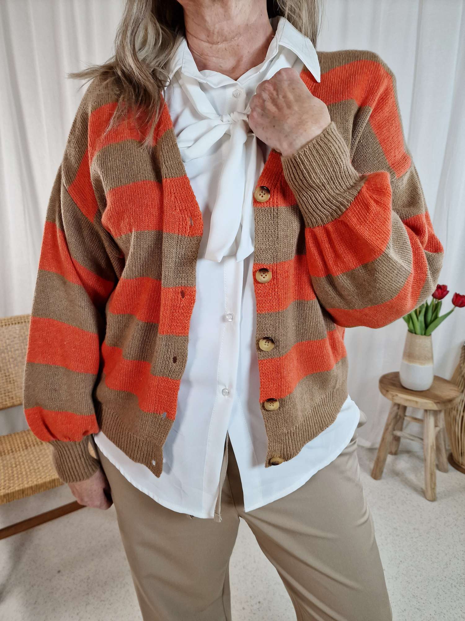 LIGHT KNIT CARDIGAN VERENA STRIPES CAMEL ORANGE 34-40/42  Made in Italy Strickjacke Cashmere