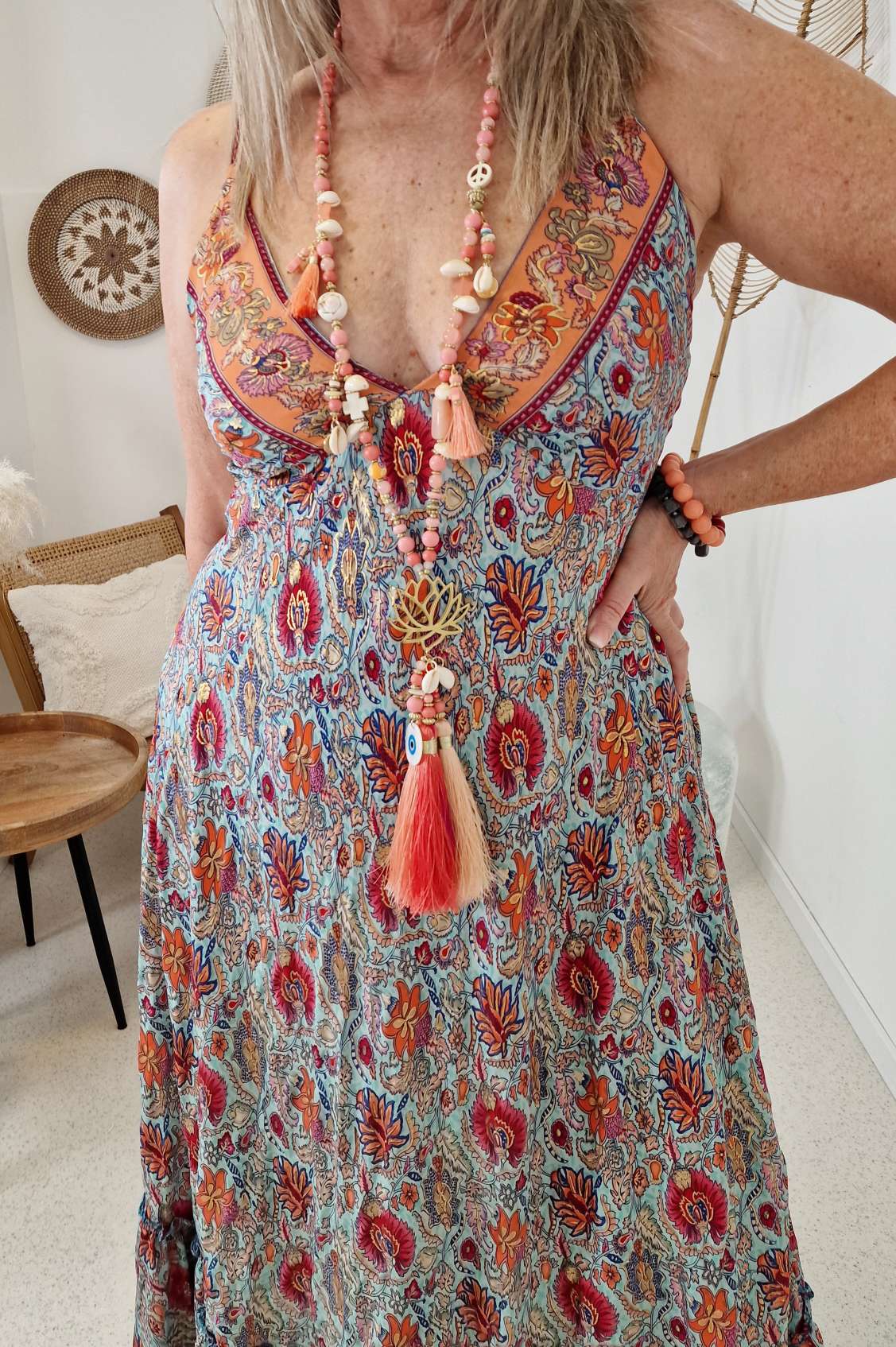 MALEDIVE SILK DRESS LUANA TÜRKIS KORALLE 34-40 Italy Design Seiden Spaghettiträger Kleid TD-07 Boho