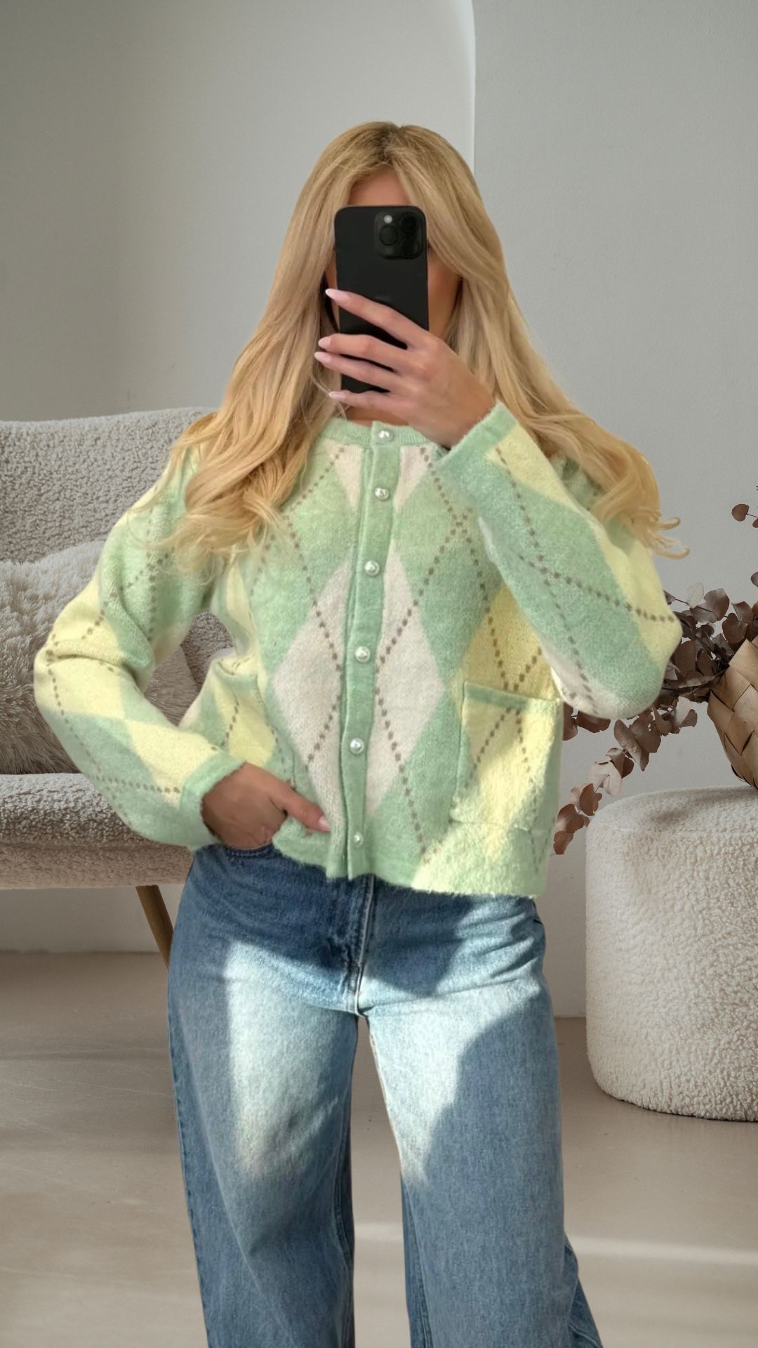 CARDIGAN EMILIA Argyle-Muster Rauten Strickjacke 34-42