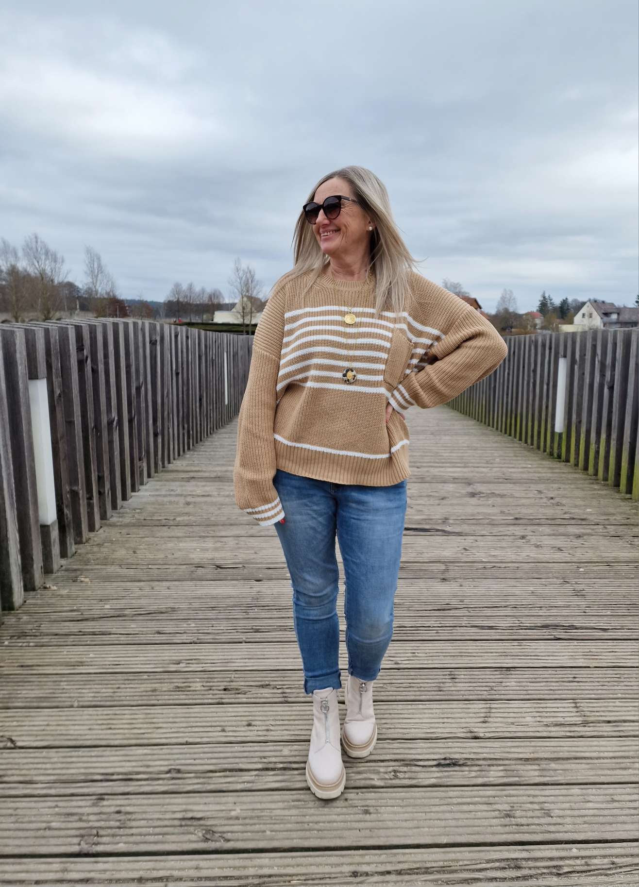 LIGHT KNIT SWEATER PIA STRIPES BEIGE 34-42 Italy Style Strickpullover Longsleeve STREIFEN