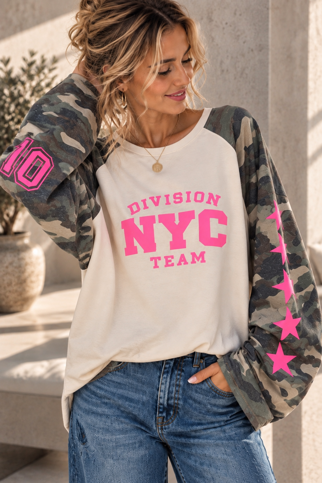 SW0115 – Statement-Shirt mit Camouflage & Neon-Details Gr. 34-42/44