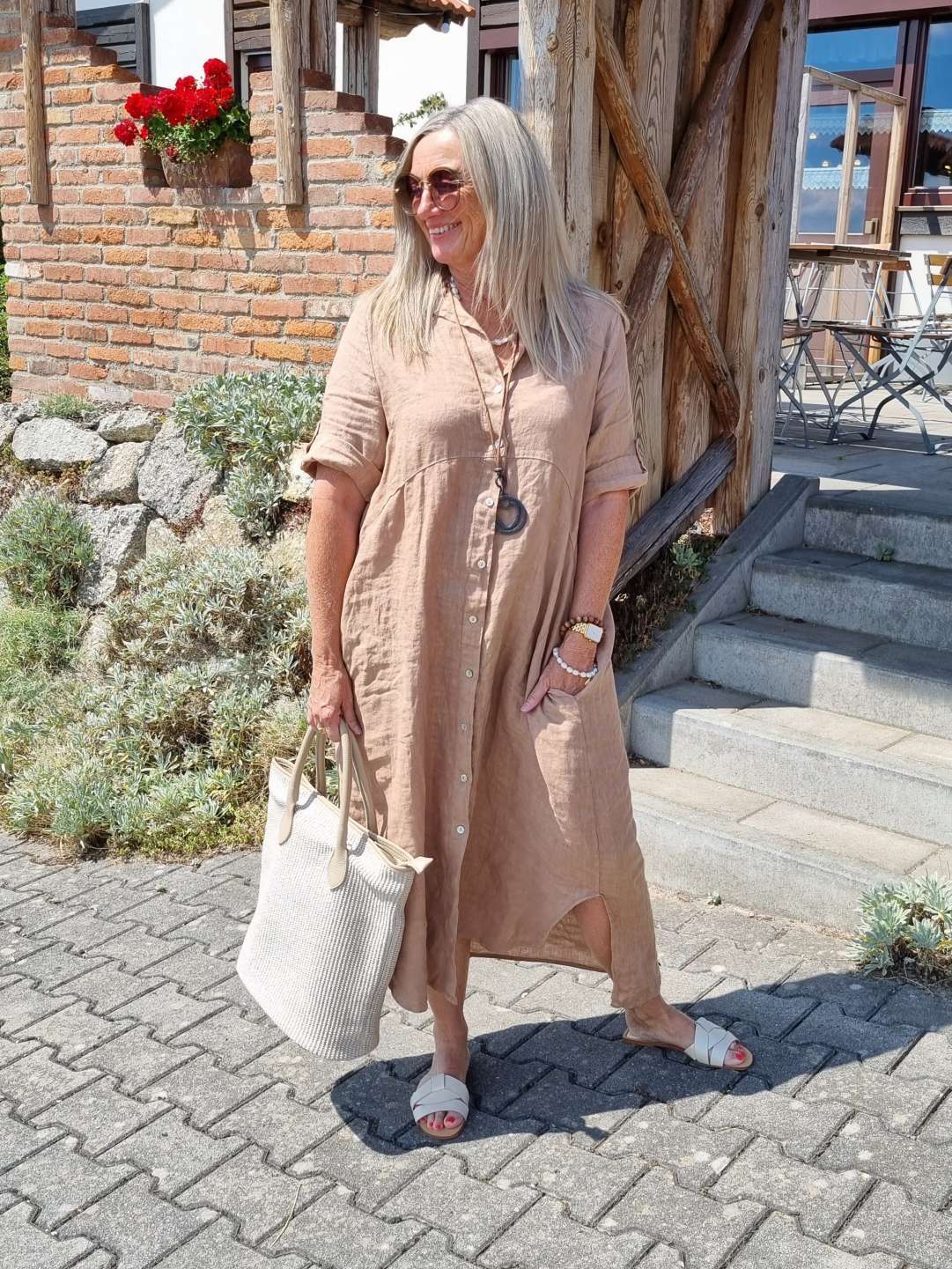 LINEN DESS WILMA CAMEL 34-42 Made in Italy Leinen Kleid Long Bluse Mantel LINEN DESS WILMA CAMEL 34-42 Made in Italy Leinen Kleid Long Bluse Mantel
