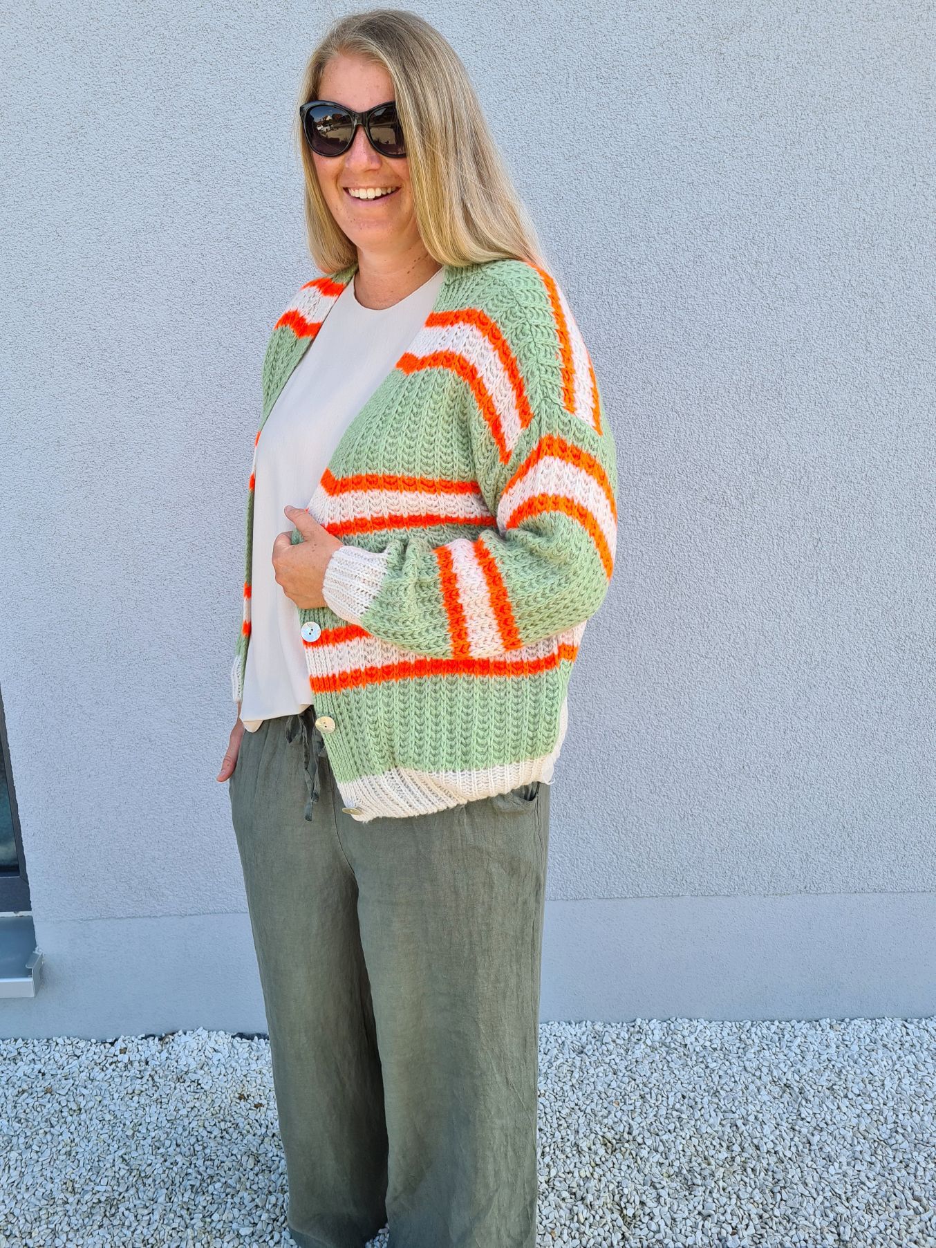 SHORT KNIT CARDIGAN MYKONOS STRIPES BUTTONS LIGHT GRÜN ORANGE CREME kurze Strick Jacke Made in Italy Streifen Knöpfe 34-42 SHORT KNIT CARDIGAN MYKONOS STRIPES BUTTONS LIGHT GRÜN ORANGE CREME kurze Strick Jacke Made in Italy Streifen Knöpfe 34-42
