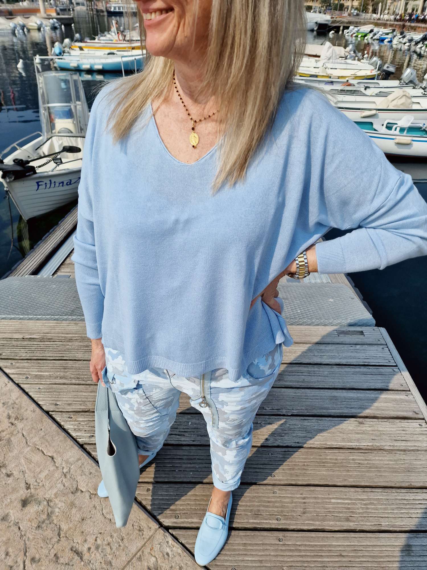 LIGHT KNIT SWEATER LYDIA HELLBLAU 34-42 Made in Italy Basic Oversize Langarm Pullover Shirt
