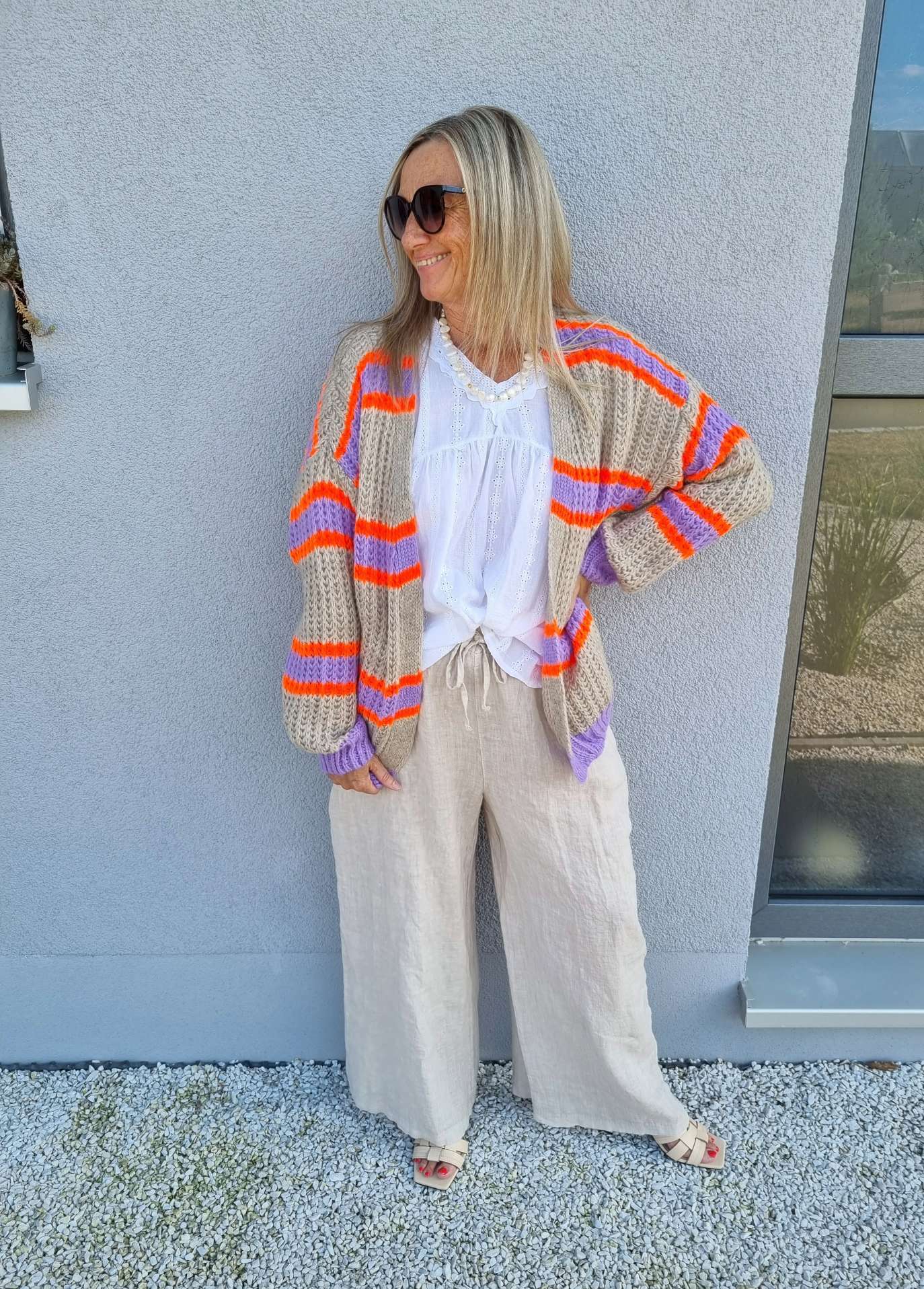 SHORT KNIT CARDIGAN MYKONOS STRIPES BEIGE FLIEDER ORANGE kurze Strick Jacke Made in Italy Streifen 34-42 SHORT KNIT CARDIGAN MYKONOS STRIPES BEIGE FLIEDER ORANGE kurze Strick Jacke Made in Italy Streifen 34-42